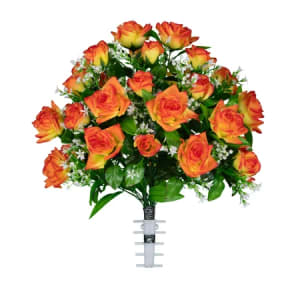 Orange Diamond Rose with Babys Breath (Silk Cemetery Flowers)