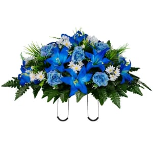 Blue Lily and Rose with White Daisies (Silk Cemetery Flowers)
