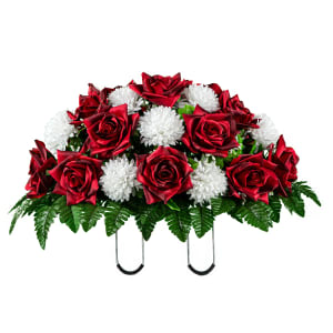 Two Tone Dark Red Rose with White Mum (Silk Cemetery Flowers)