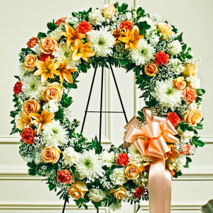 Expressions of Comfort Standing Spray: Peach, Orange & White Mixed Floral  Standing Spray - Veldkamp's Flowers, Denver Florist, Fresh Cut Flowers