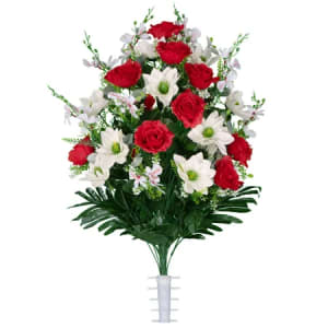 Red Roses with White Lotus (Silk Cemetery Flowers)