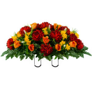 Burgundy Mum and Orange Rose (Silk Cemetery Flowers)