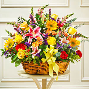 Sympathy Arrangement In Basket (Large) - Multicolor Bright Mixed Flowers