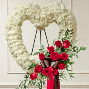 Red & White Standing Open Heart - White Carnations - Red Roses