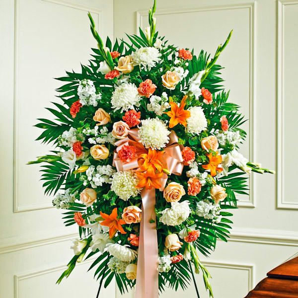 Expressions of Comfort Standing Spray: Peach, Orange & White Mixed Floral  Standing Spray - Veldkamp's Flowers, Denver Florist, Fresh Cut Flowers