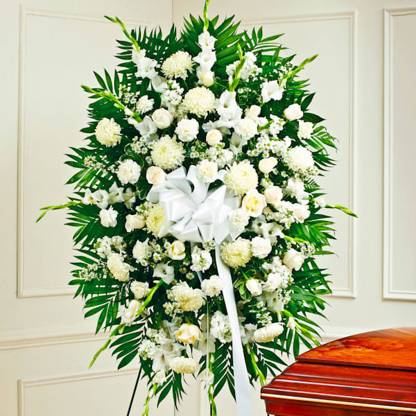 White Funeral Spray  Funeral flower arrangements, Funeral flowers, Funeral  floral arrangements