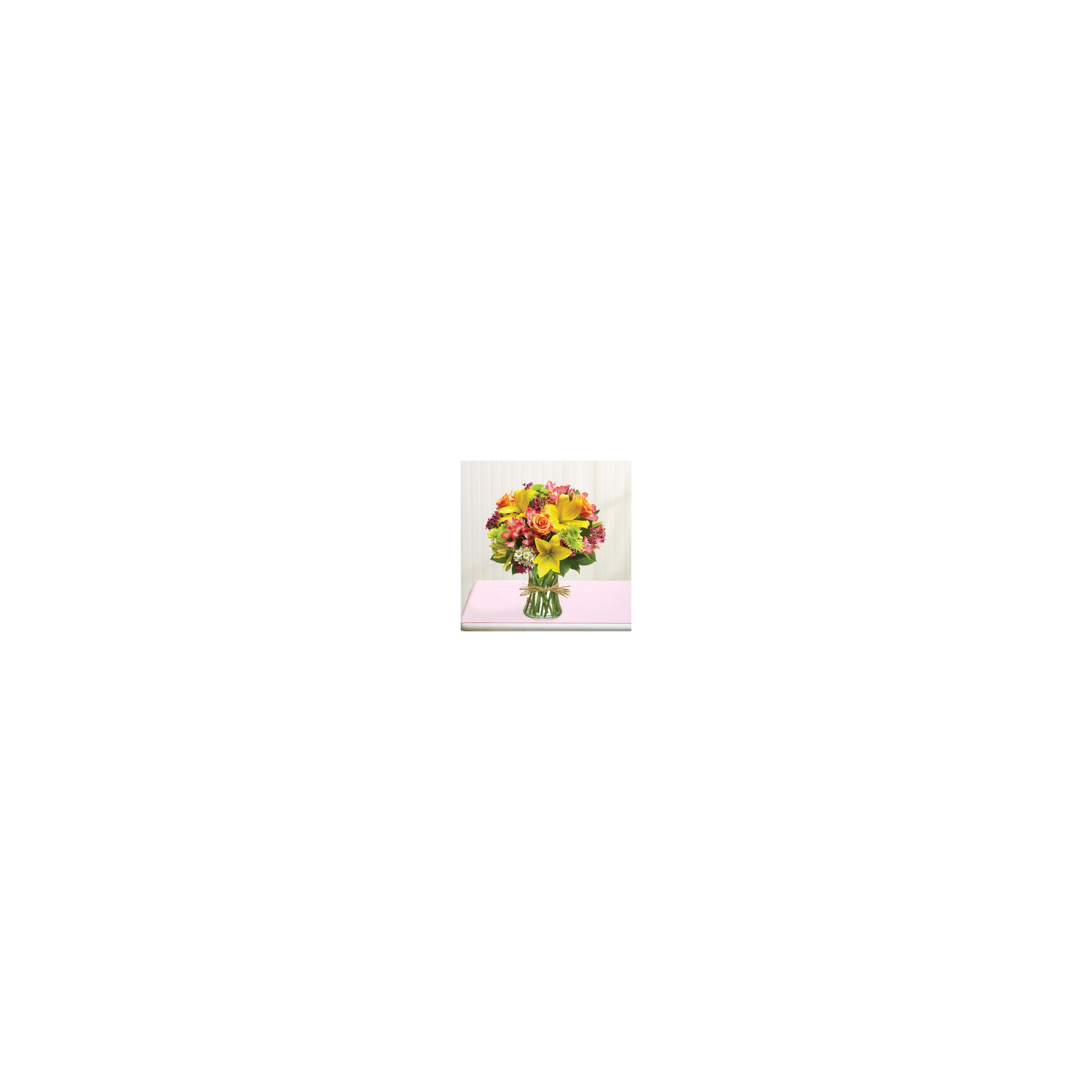 A vibrant bouquet featuring yellow lilies, pink roses, and green accents brings joy to any space.