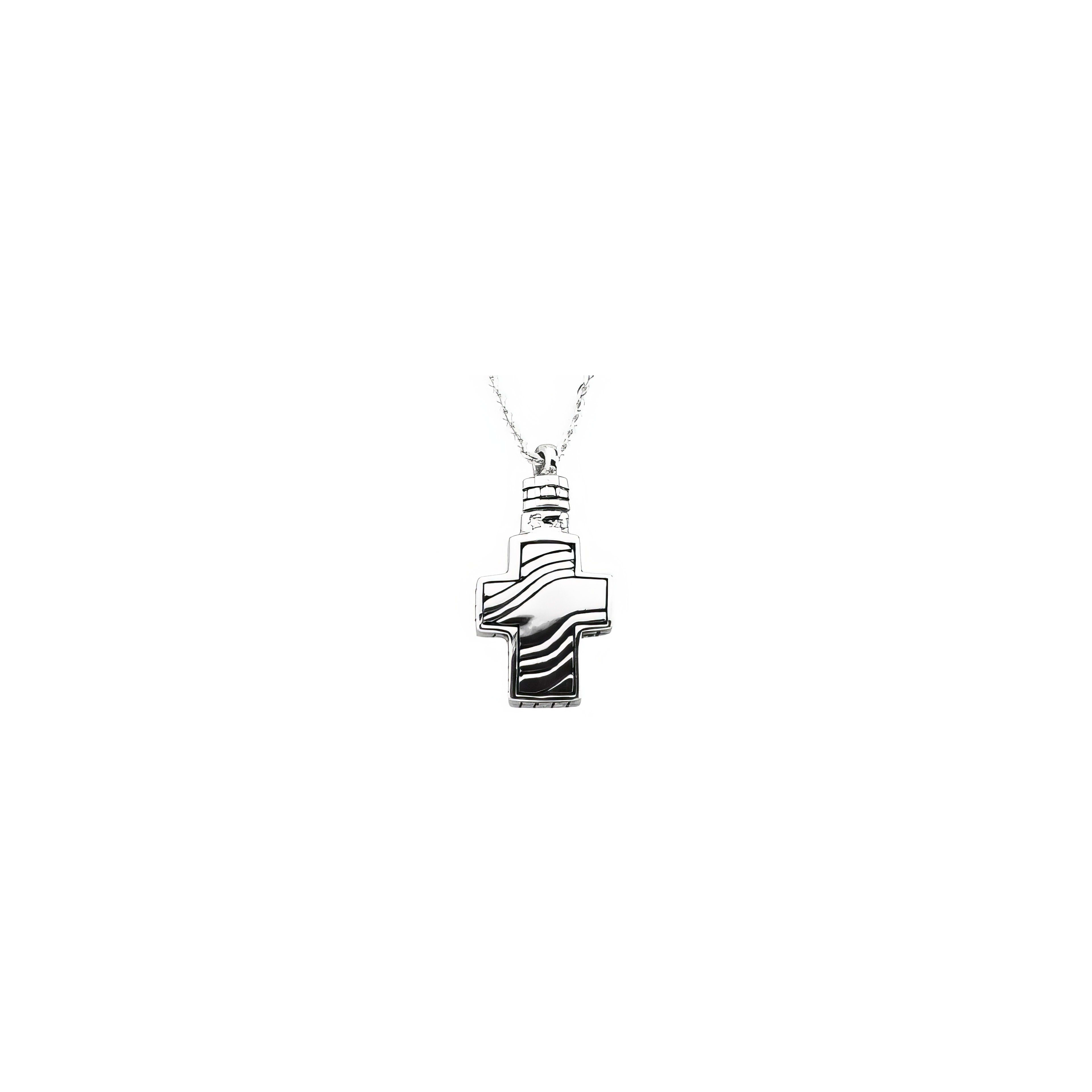 A silver cross pendant hangs from a delicate chain, featuring intricate details and style.