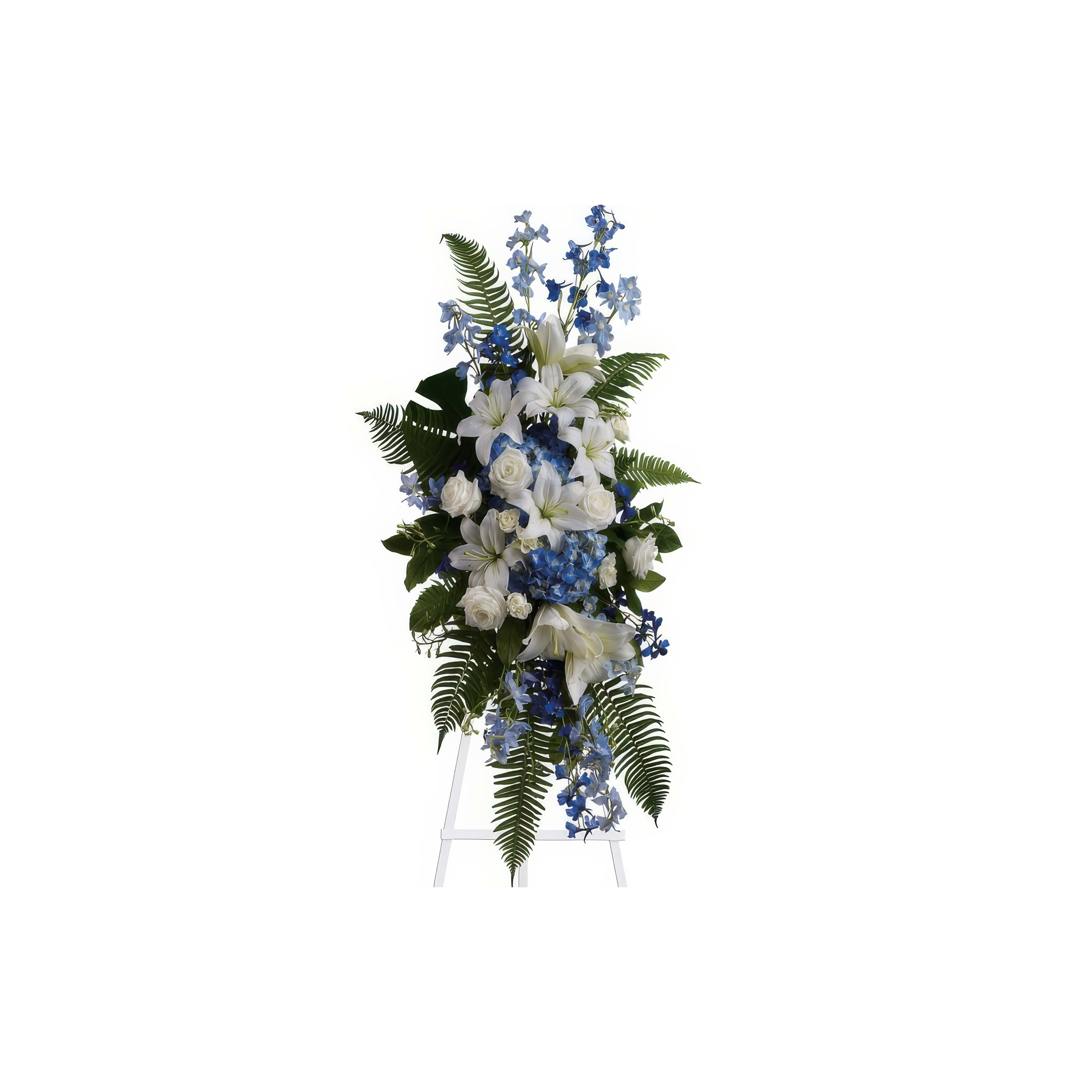 Beautiful floral arrangement featuring blue and white blooms with lush green foliage on display.