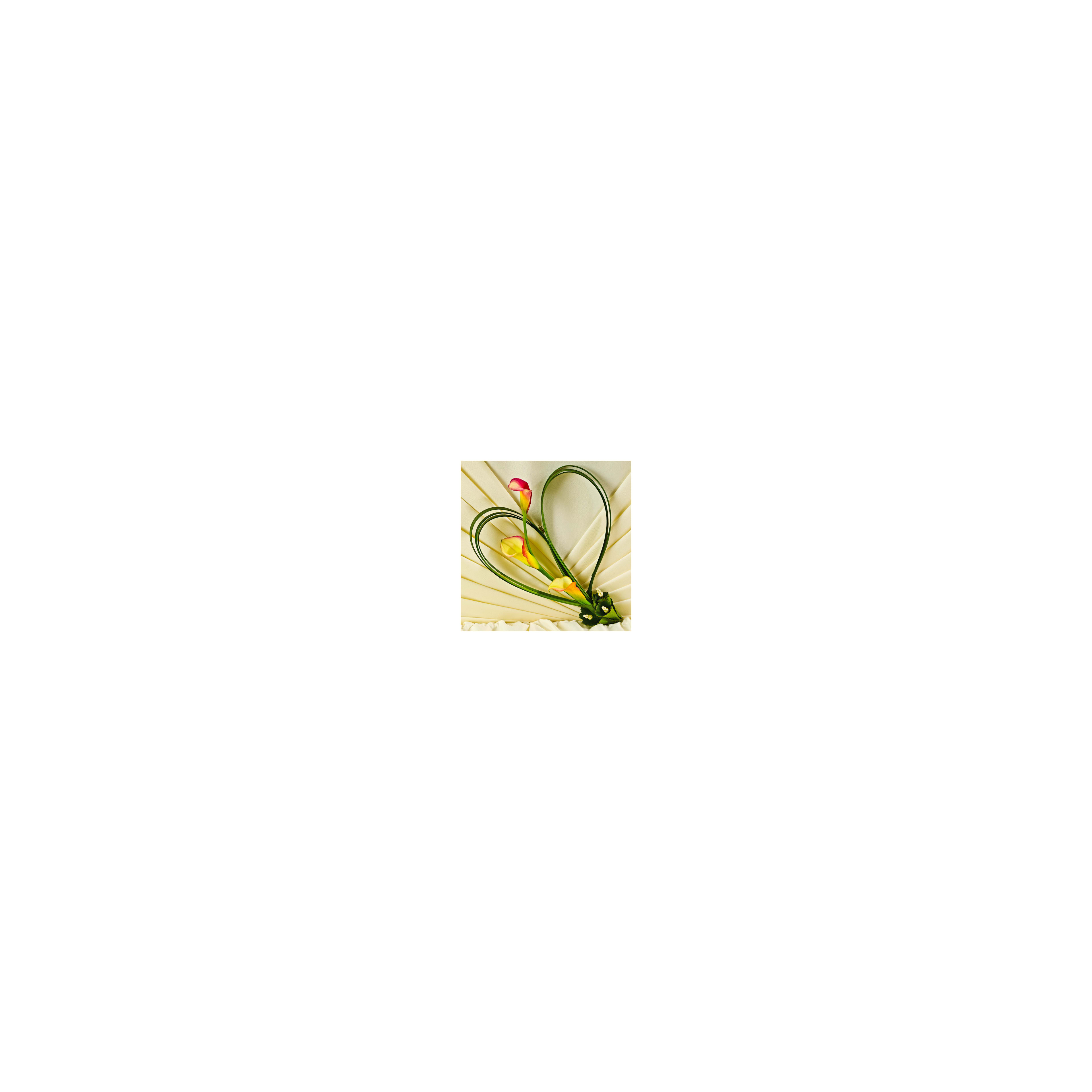 Beautiful heart-shaped design features vibrant calla lilies against an elegant backdrop.