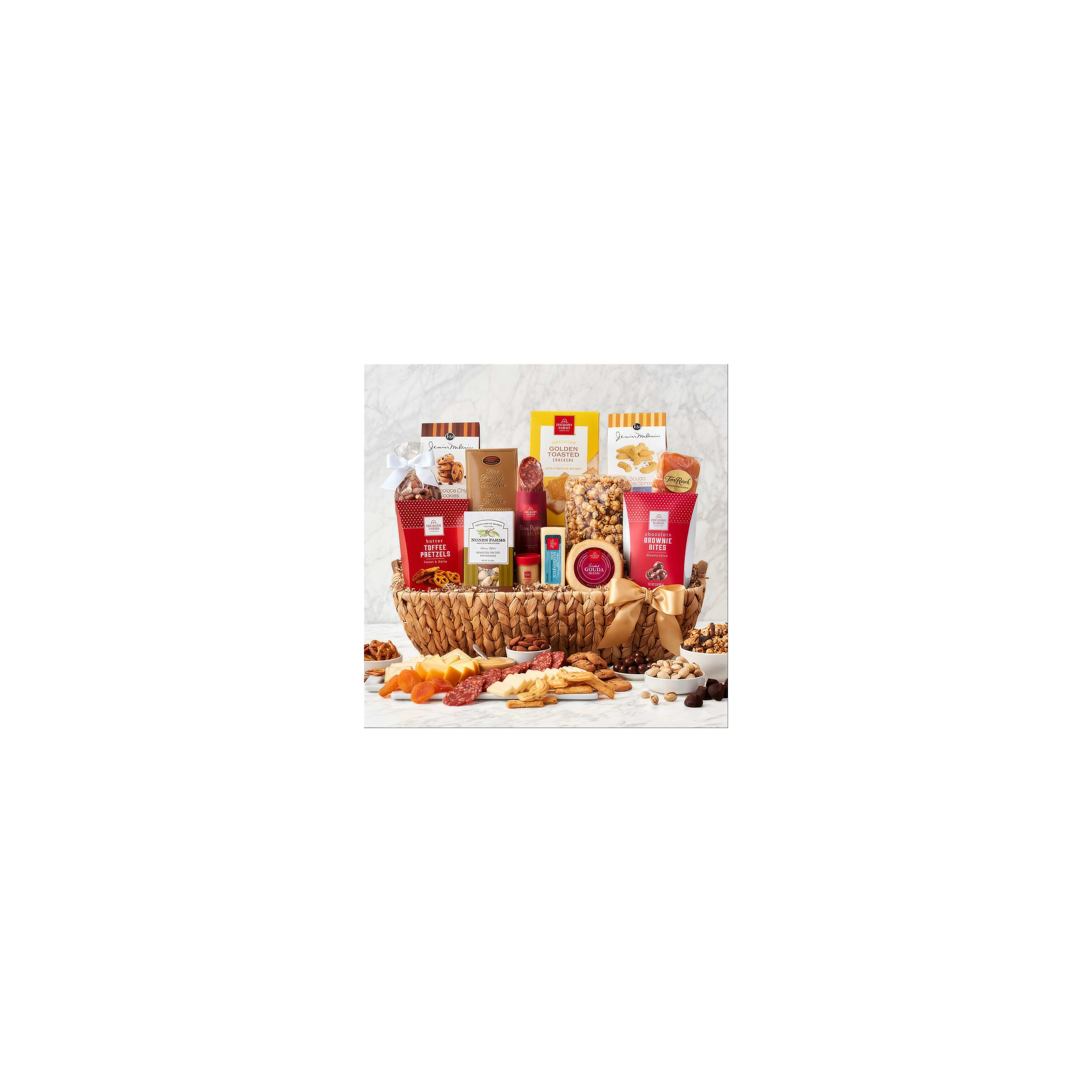 A large woven basket holds a variety of snacks, candies, and treats perfect for sharing.