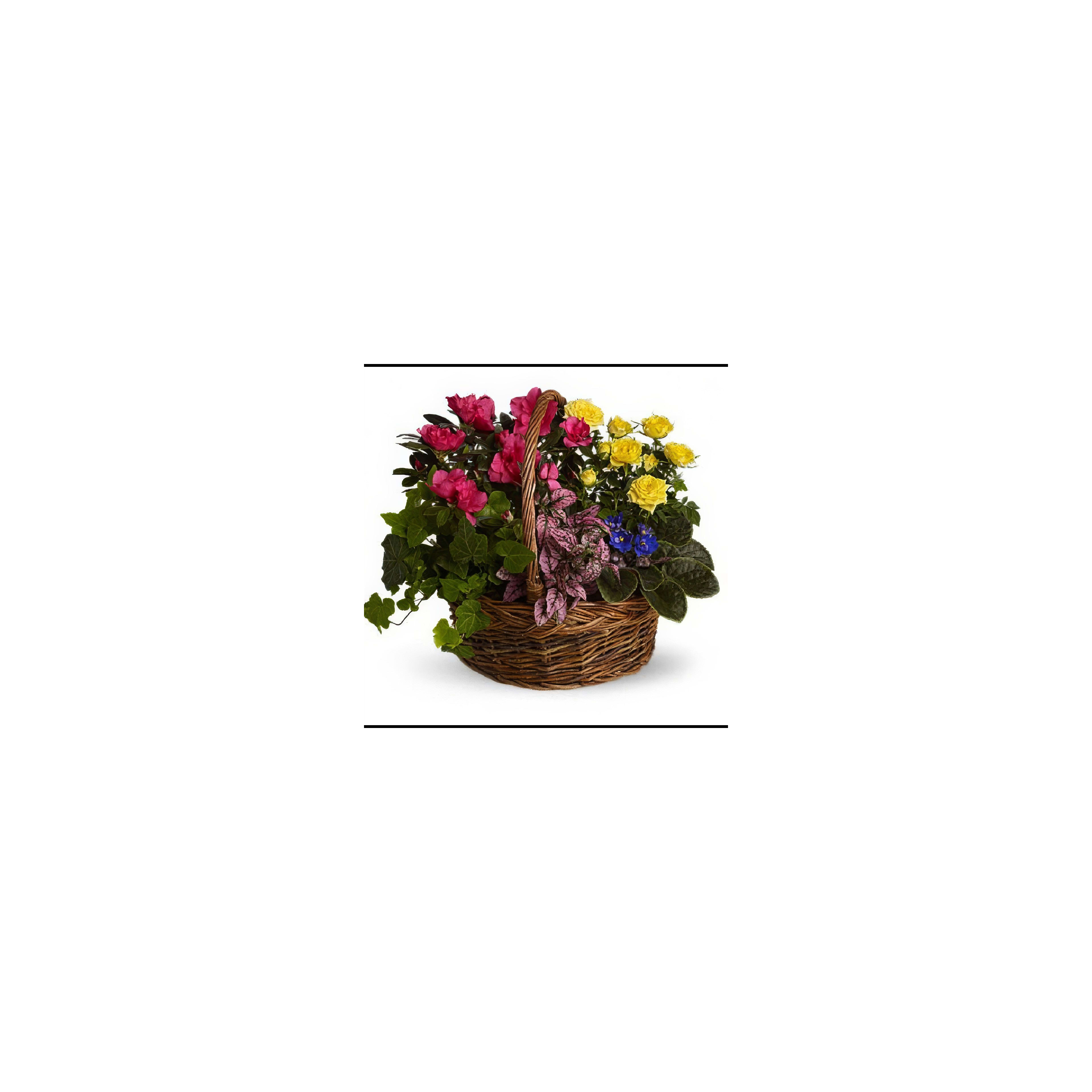 A wicker basket holds vibrant flowers including pink azaleas and yellow roses among green leaves.