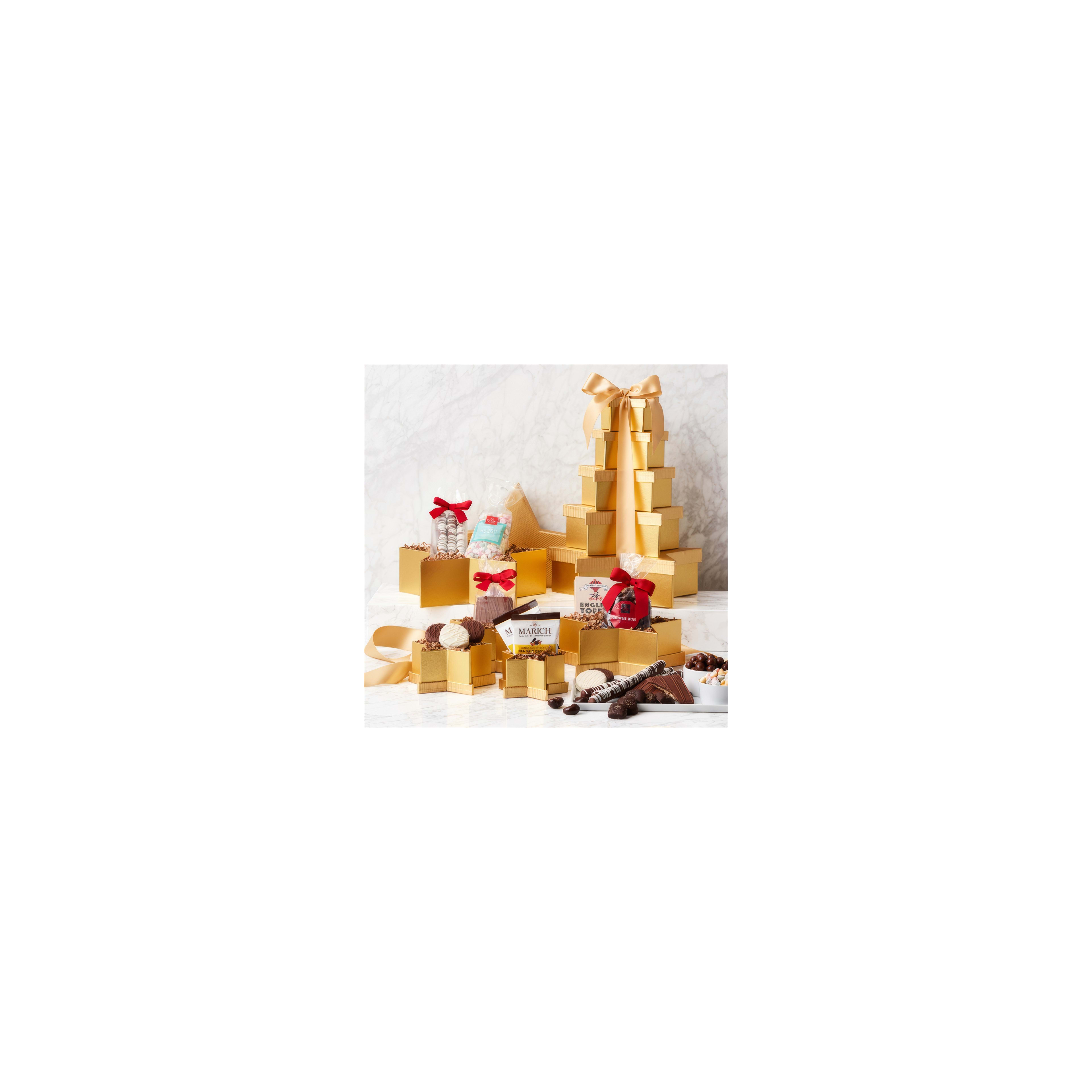 Gold gift boxes filled with sweets and treats are beautifully arranged for a celebration.