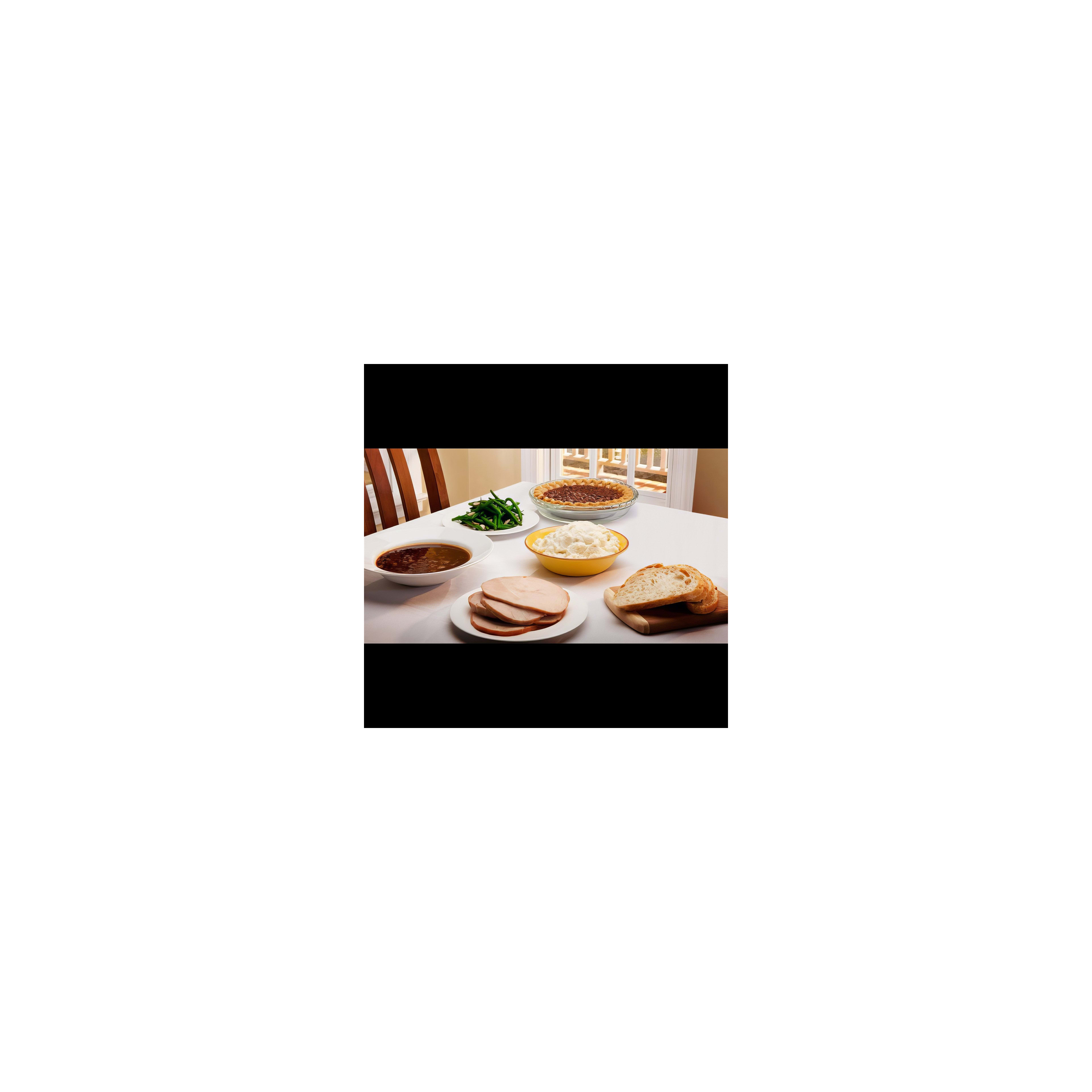 A warm meal with turkey, creamy mashed potatoes, green beans, and pie on the table.