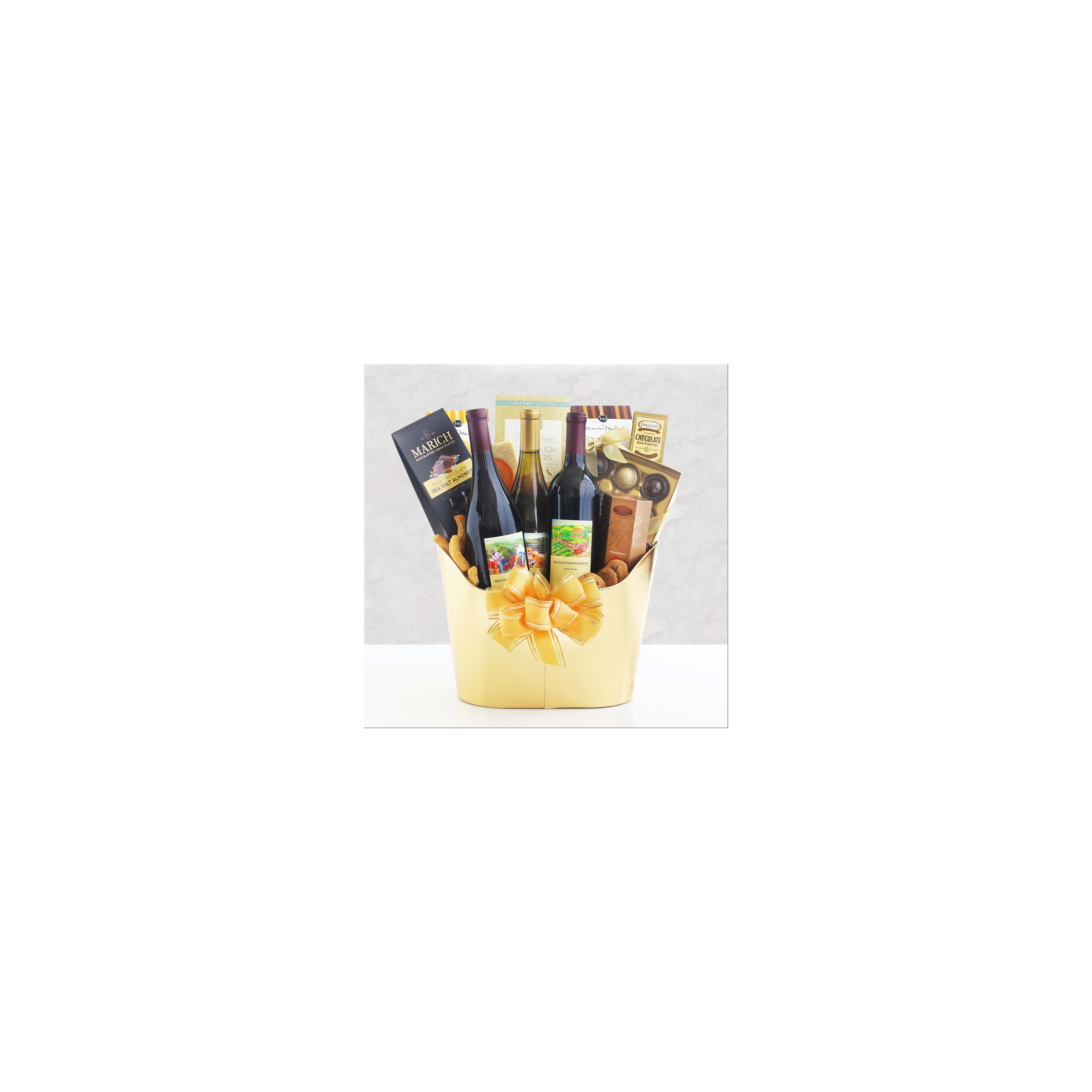 This gift basket features three wine bottles and gourmet treats, ideal for celebrations.