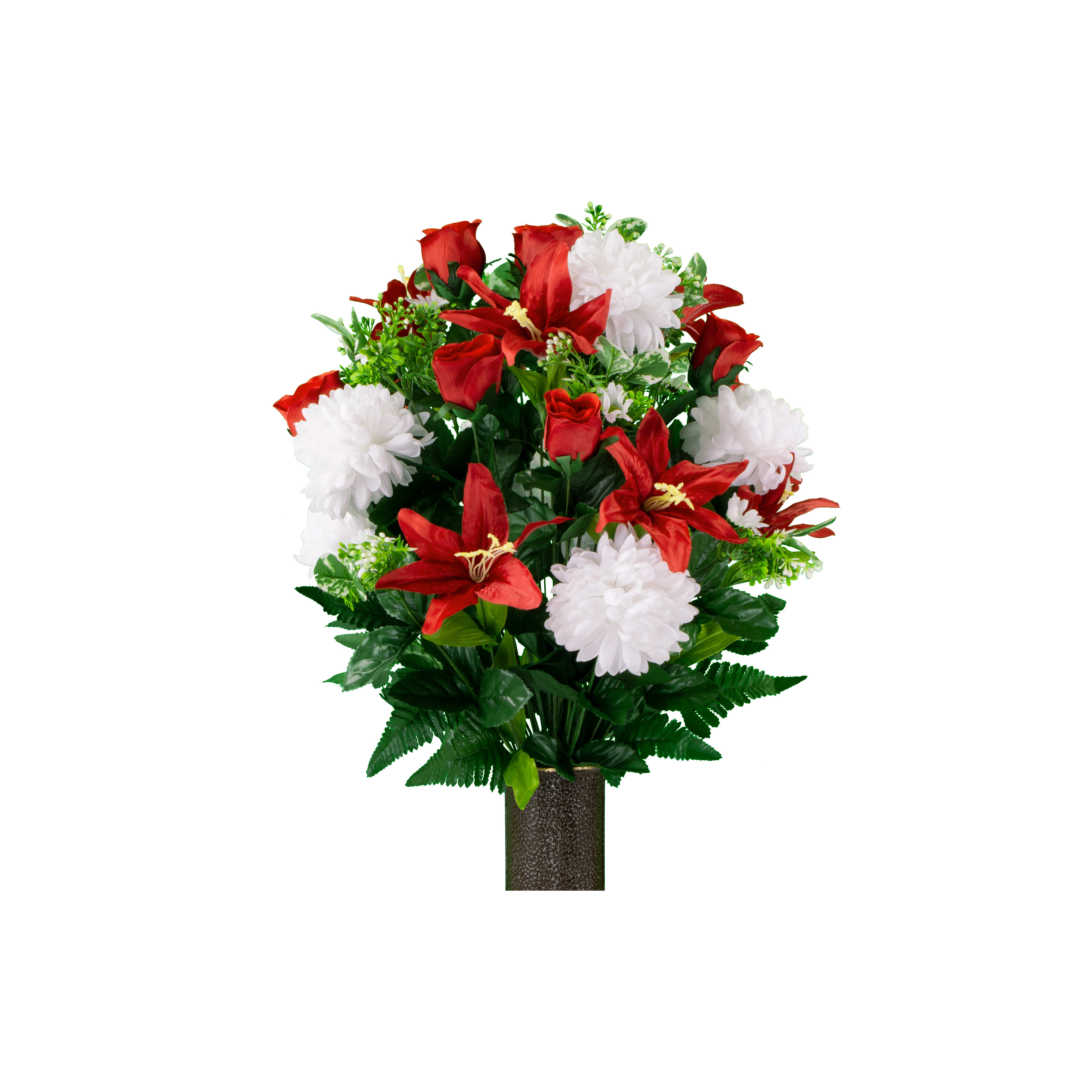 Bright red and white artificial flowers create a vibrant centerpiece, perfect for any occasion.