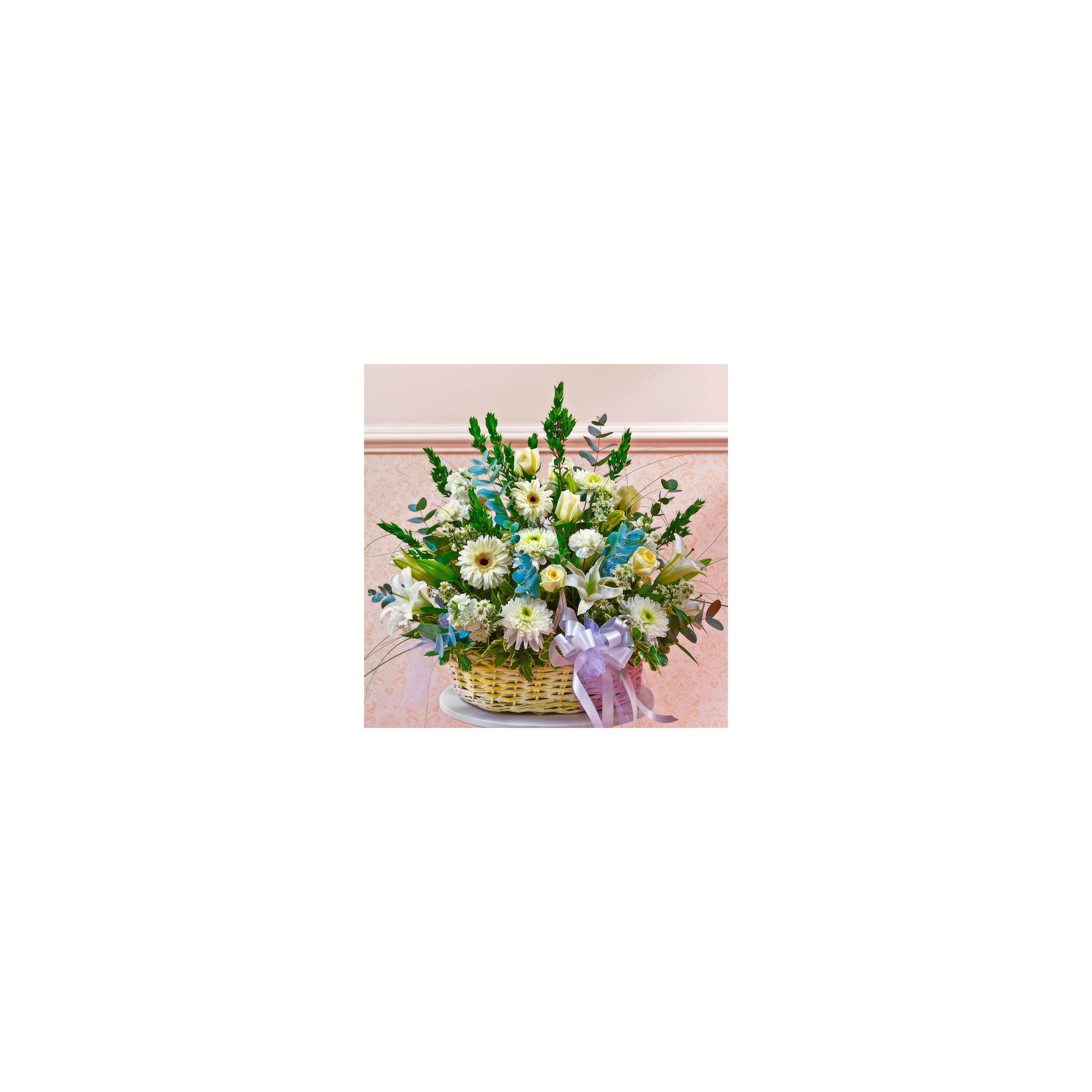 Colorful bouquet featuring white and blue flowers in a decorative basket for a festive occasion.
