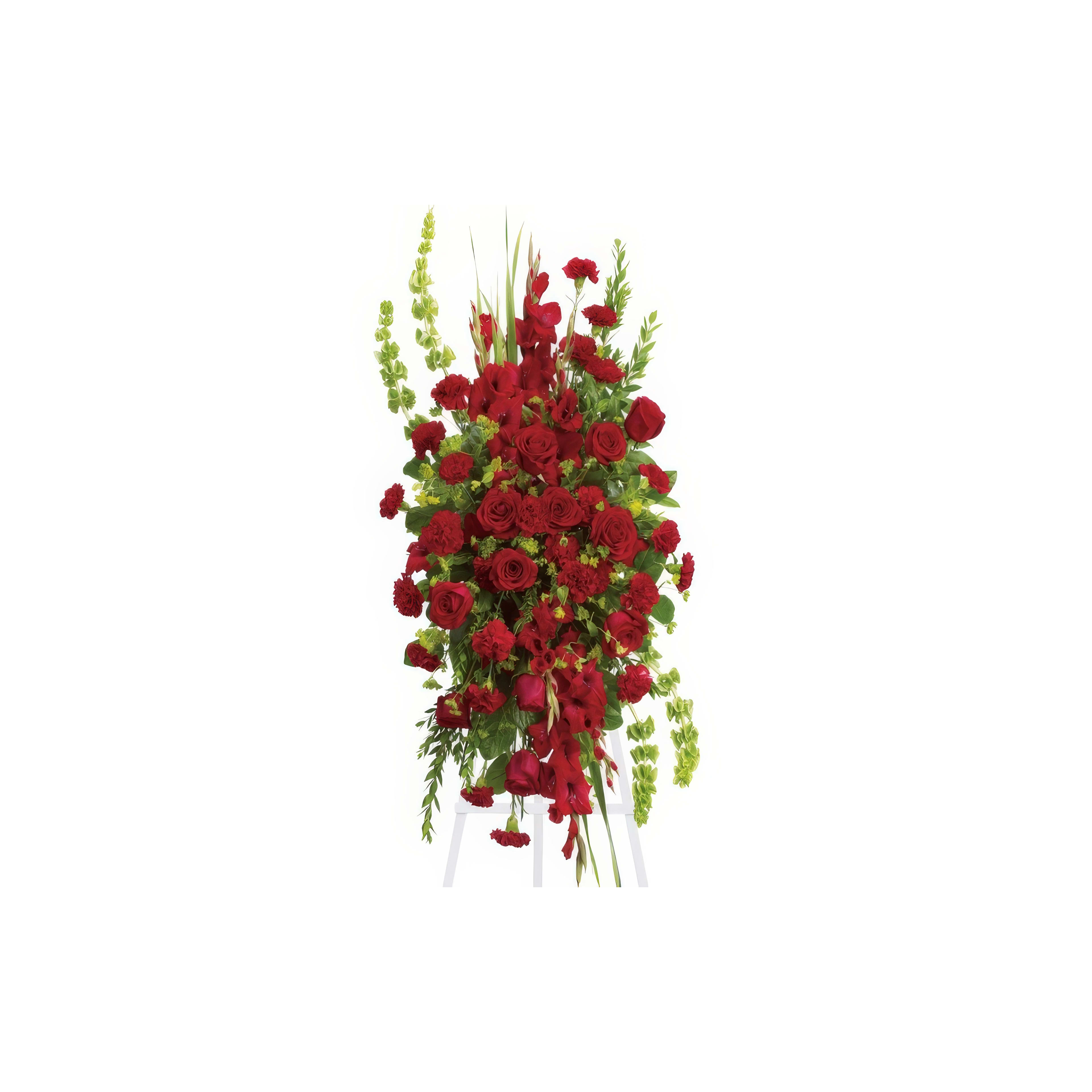 Vibrant red roses and lush greenery create a striking floral display on a stand, perfect for events.