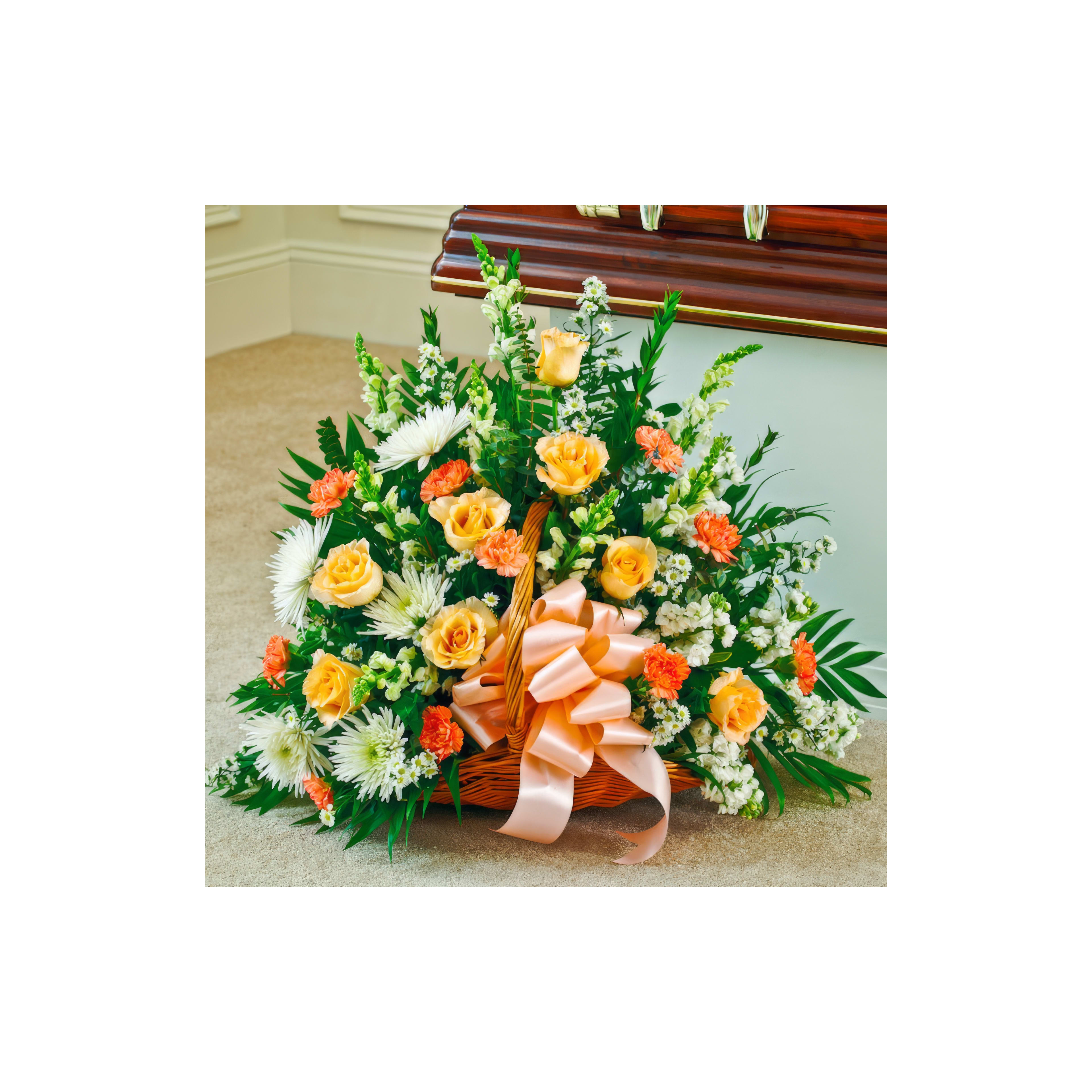 Bright and vibrant floral display with yellow roses, white lilies, and greenery in a basket.