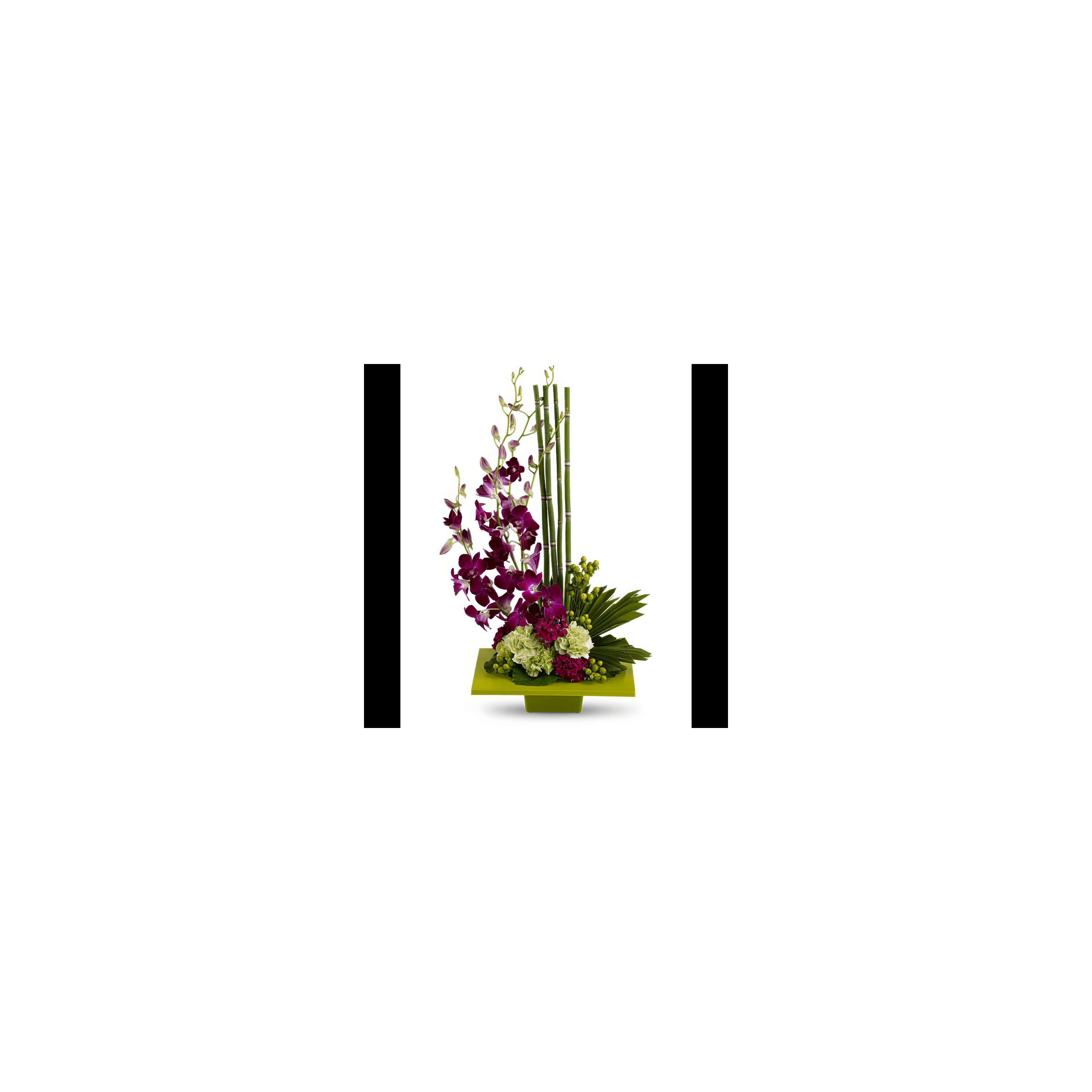 Vibrant flowers including purple orchids and green bamboo create an elegant centerpiece for decor.