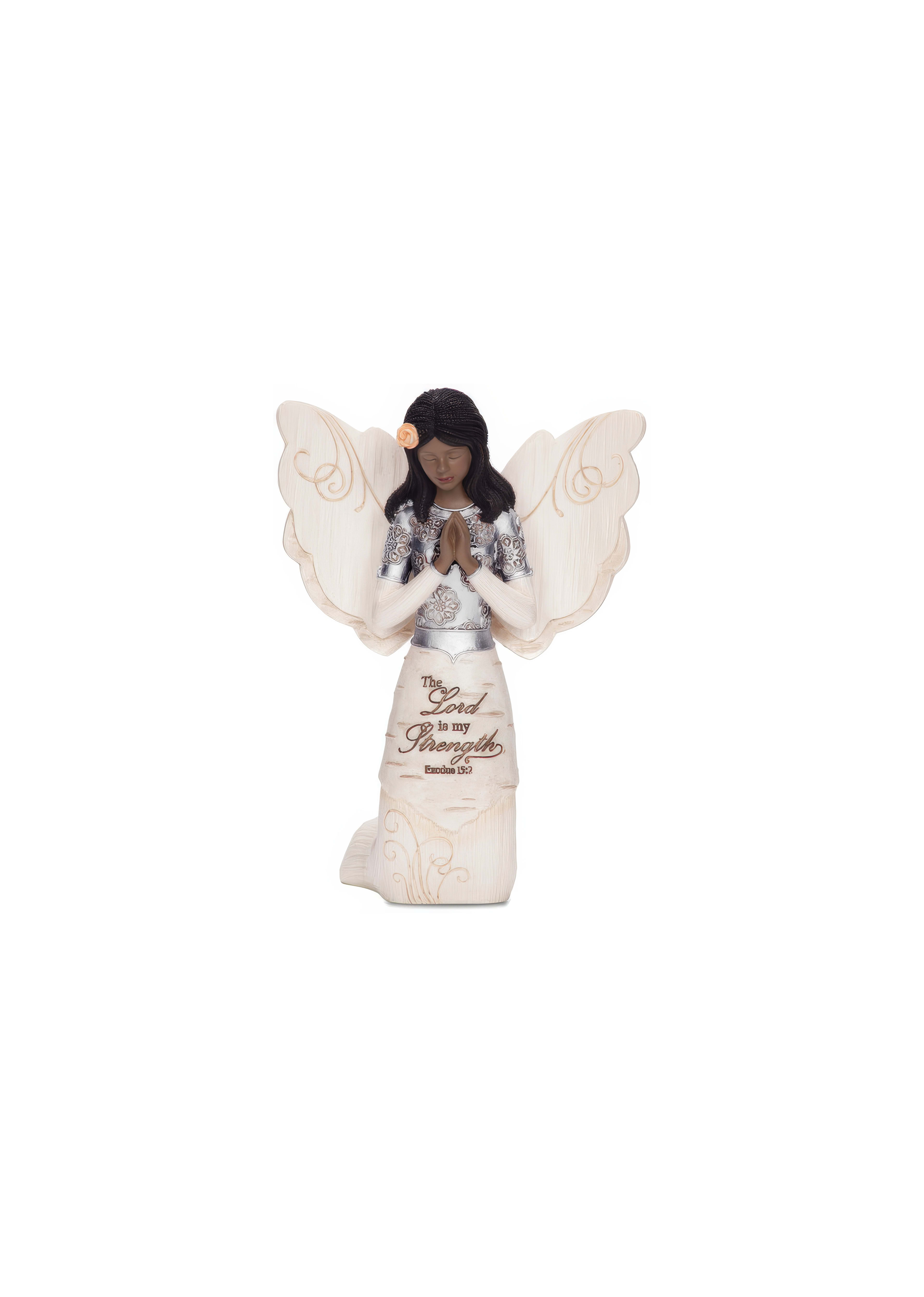An elegant angel figurine with detailed wings and a message about strength and faith.