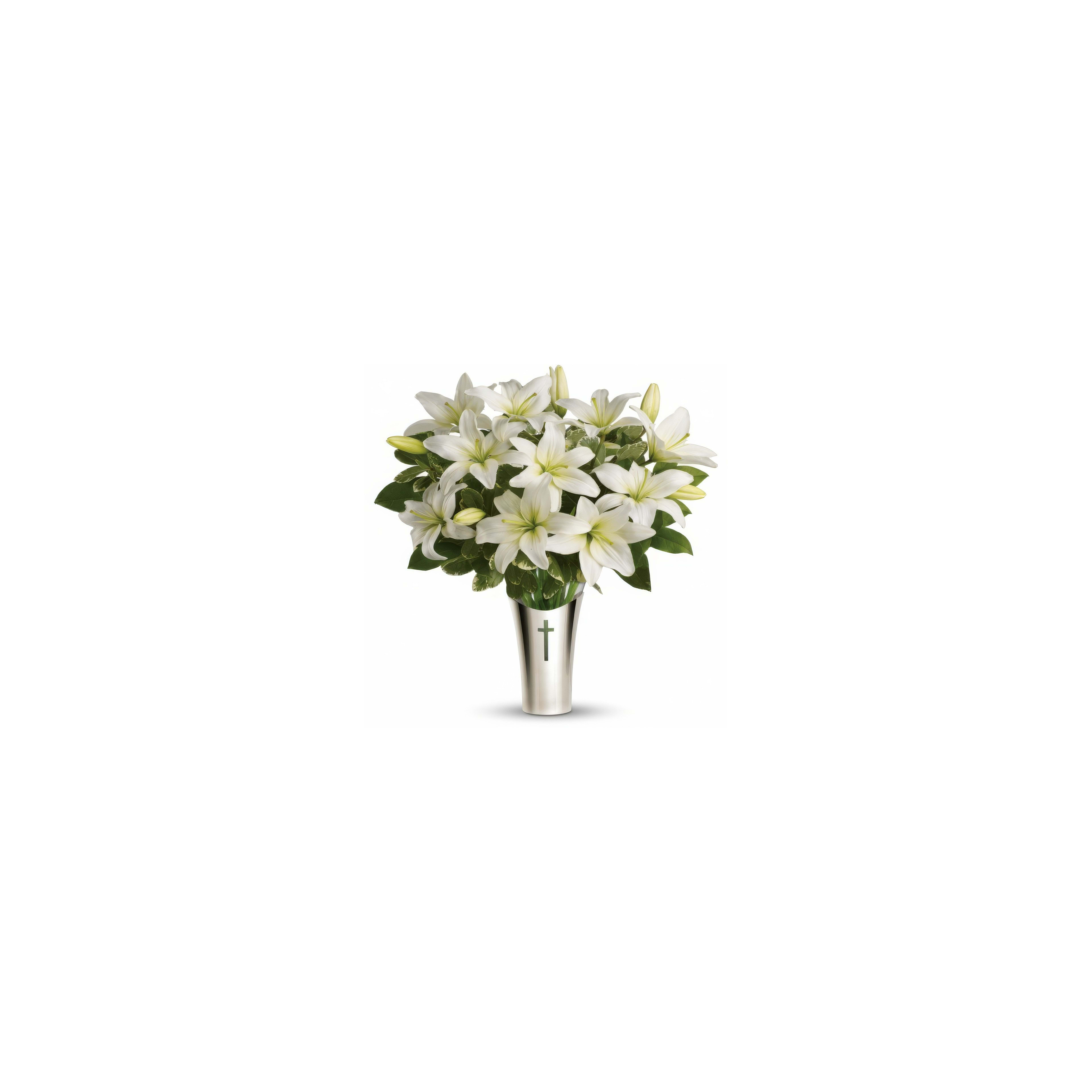 White lilies in a silver vase create a serene atmosphere, ideal for honoring loved ones.