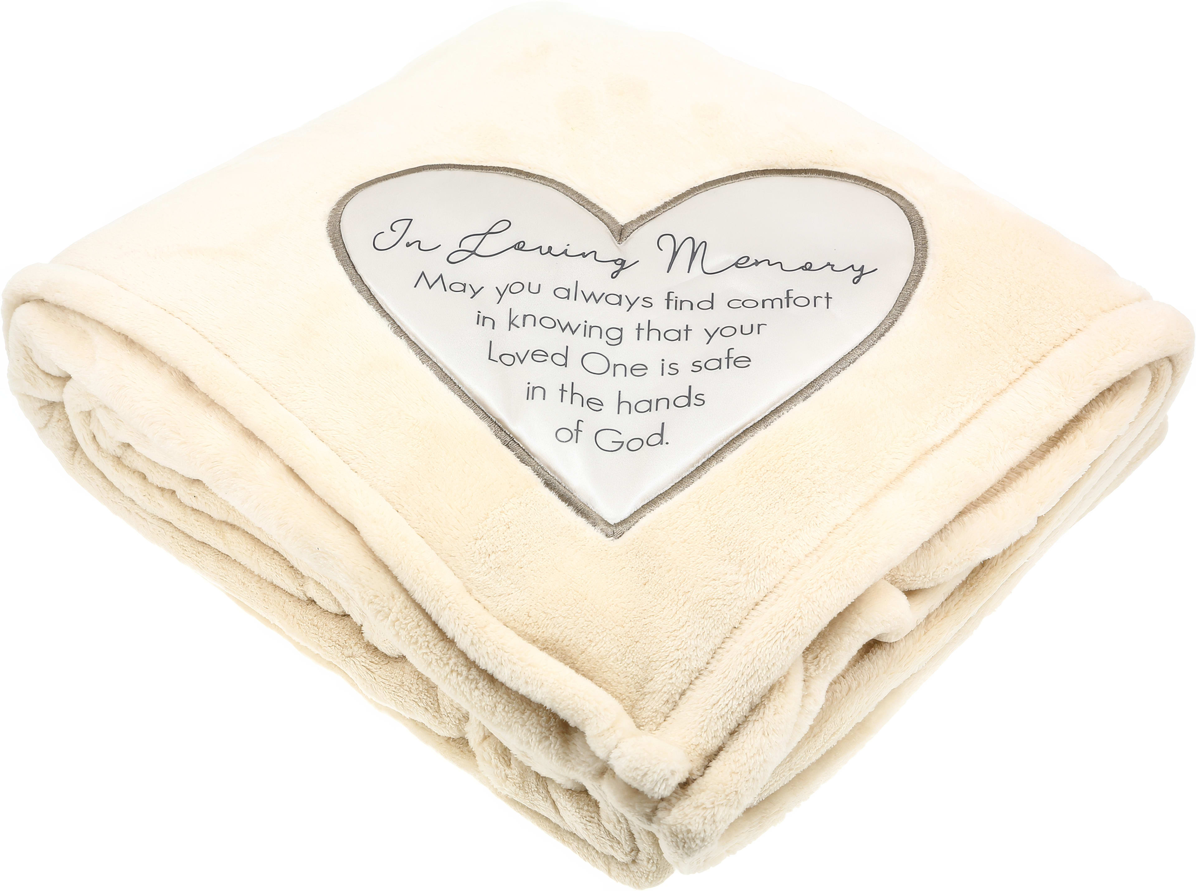 Soft, cream-colored blanket featuring a heartwarming message for someone who has passed away.