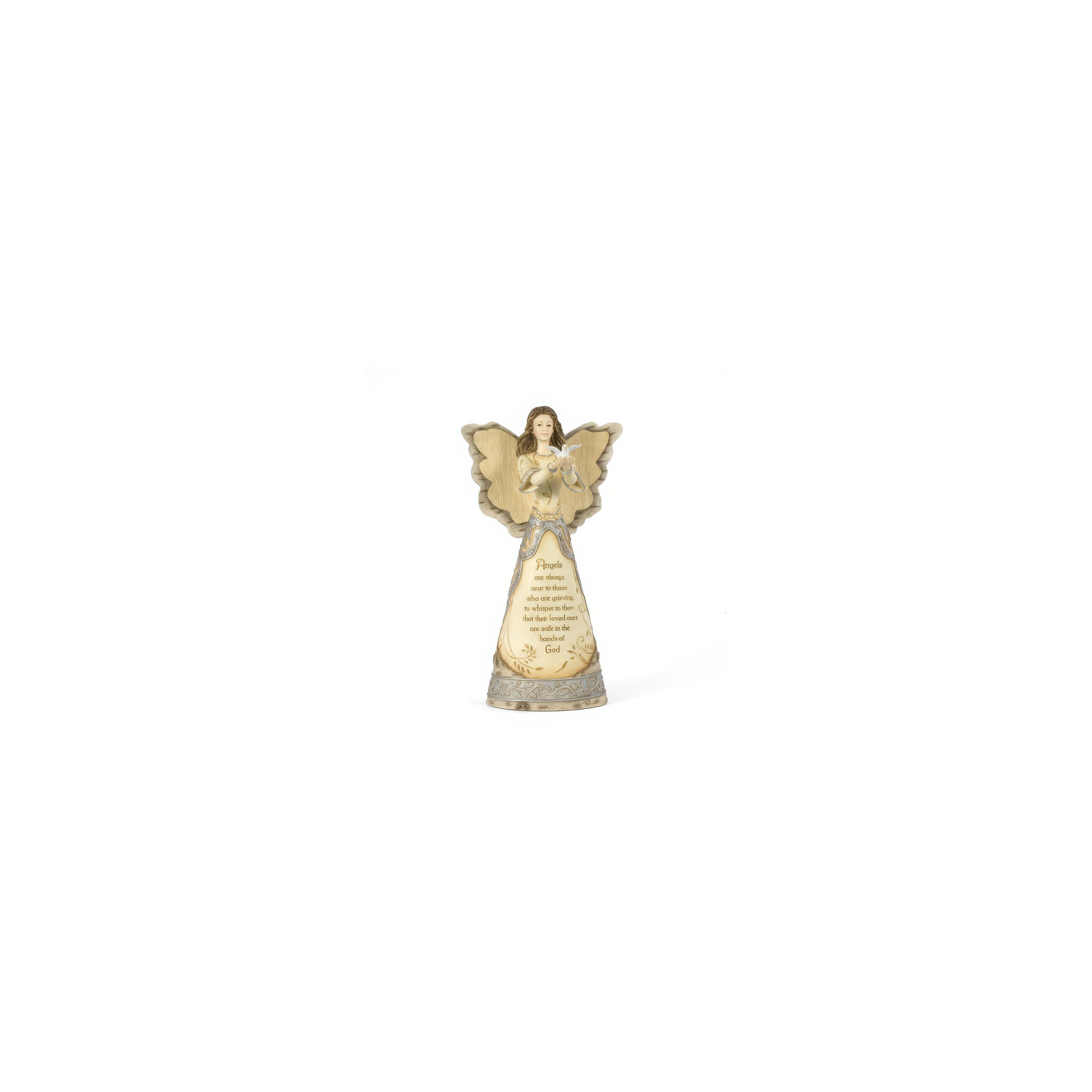 Beautiful angel figurine with delicate wings, holding a bird, symbolizing peace and hope.