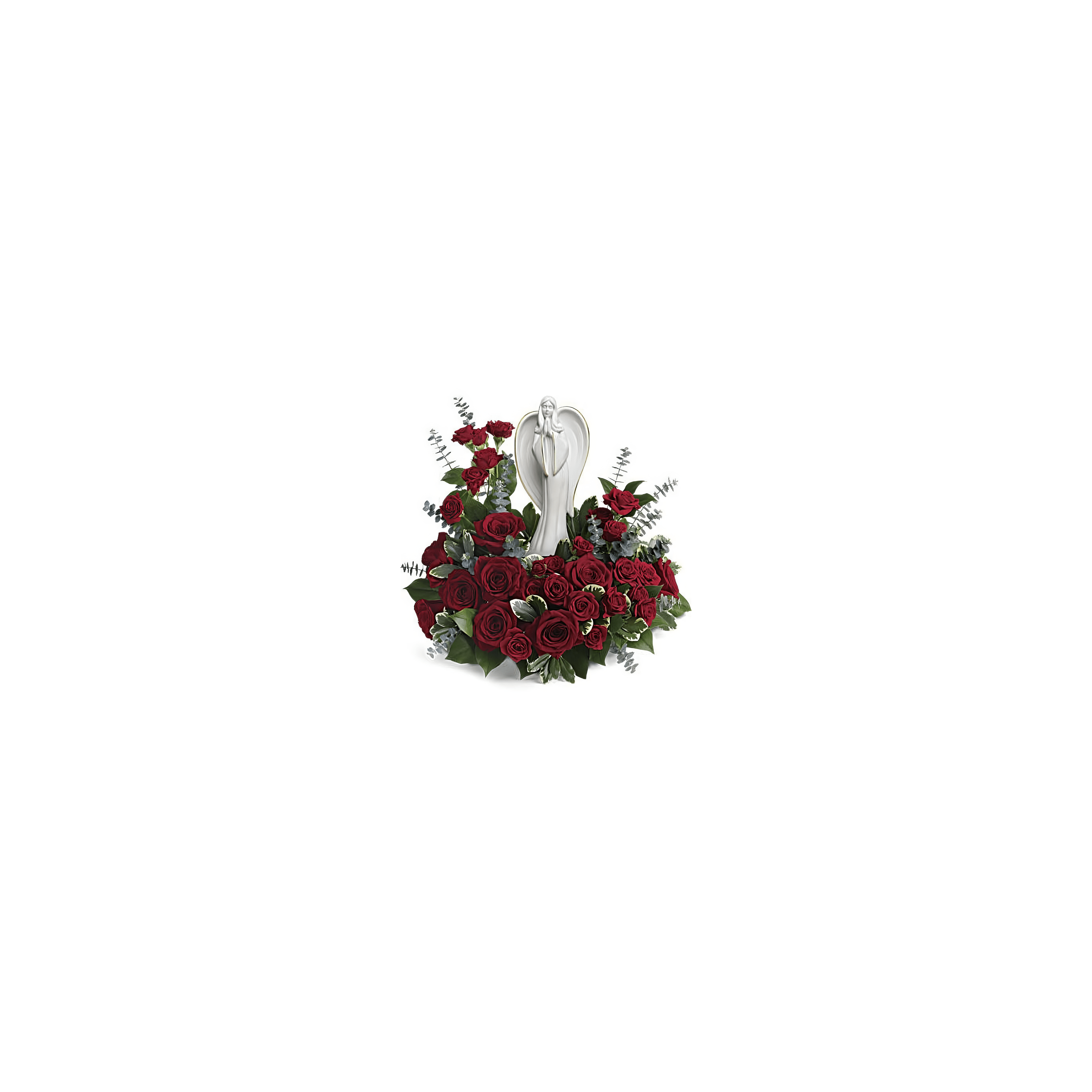 A beautiful arrangement of red roses with a white angel figurine surrounded by lush greenery.