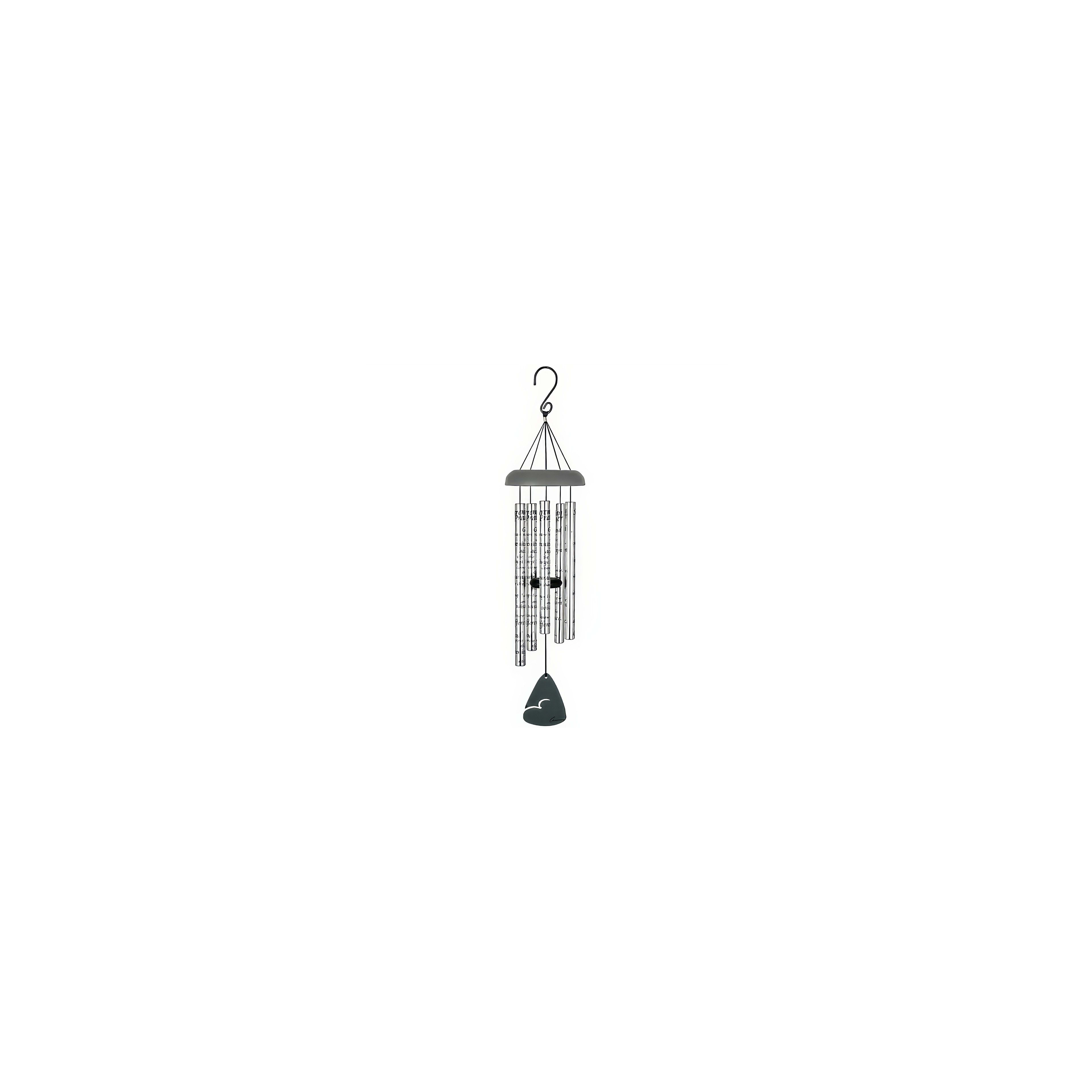 Beautiful wind chime made of metal and glass sways gently in the garden's breeze.