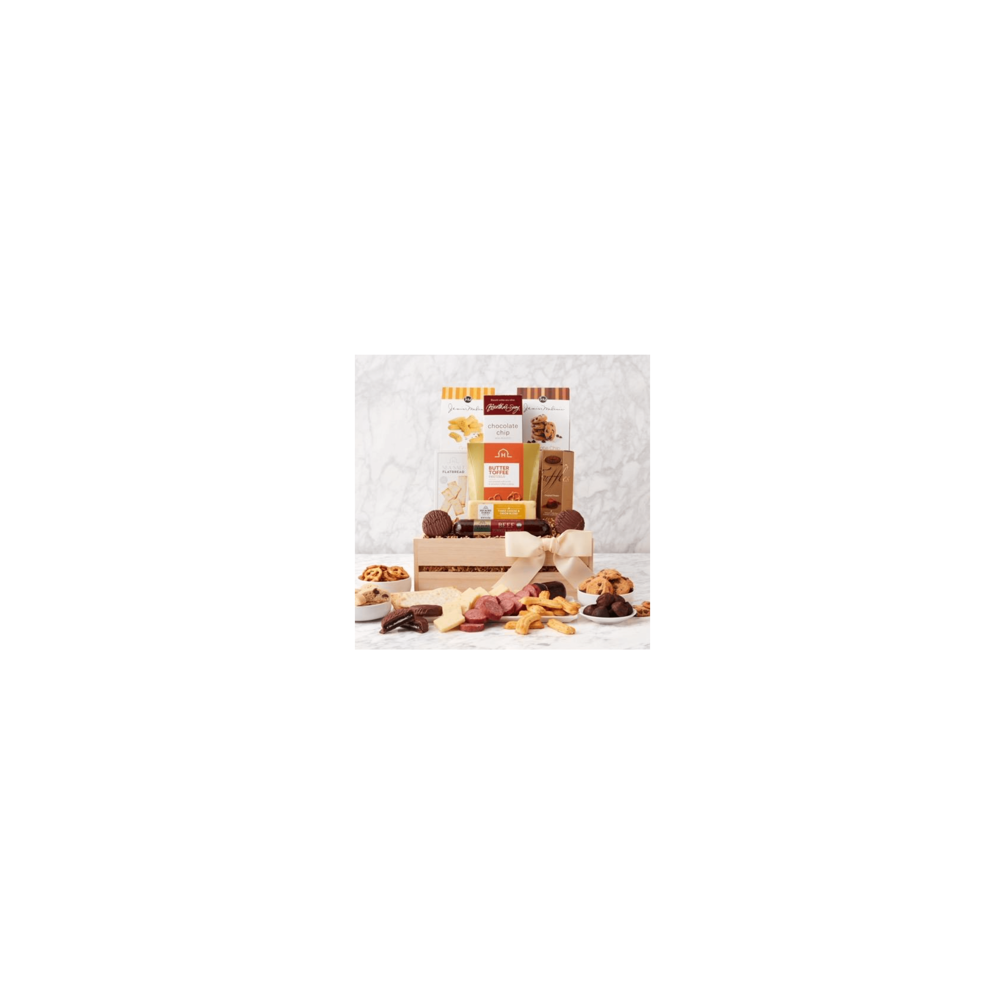 A stylish wooden basket filled with snacks like cookies, chocolates, and candies for sharing.