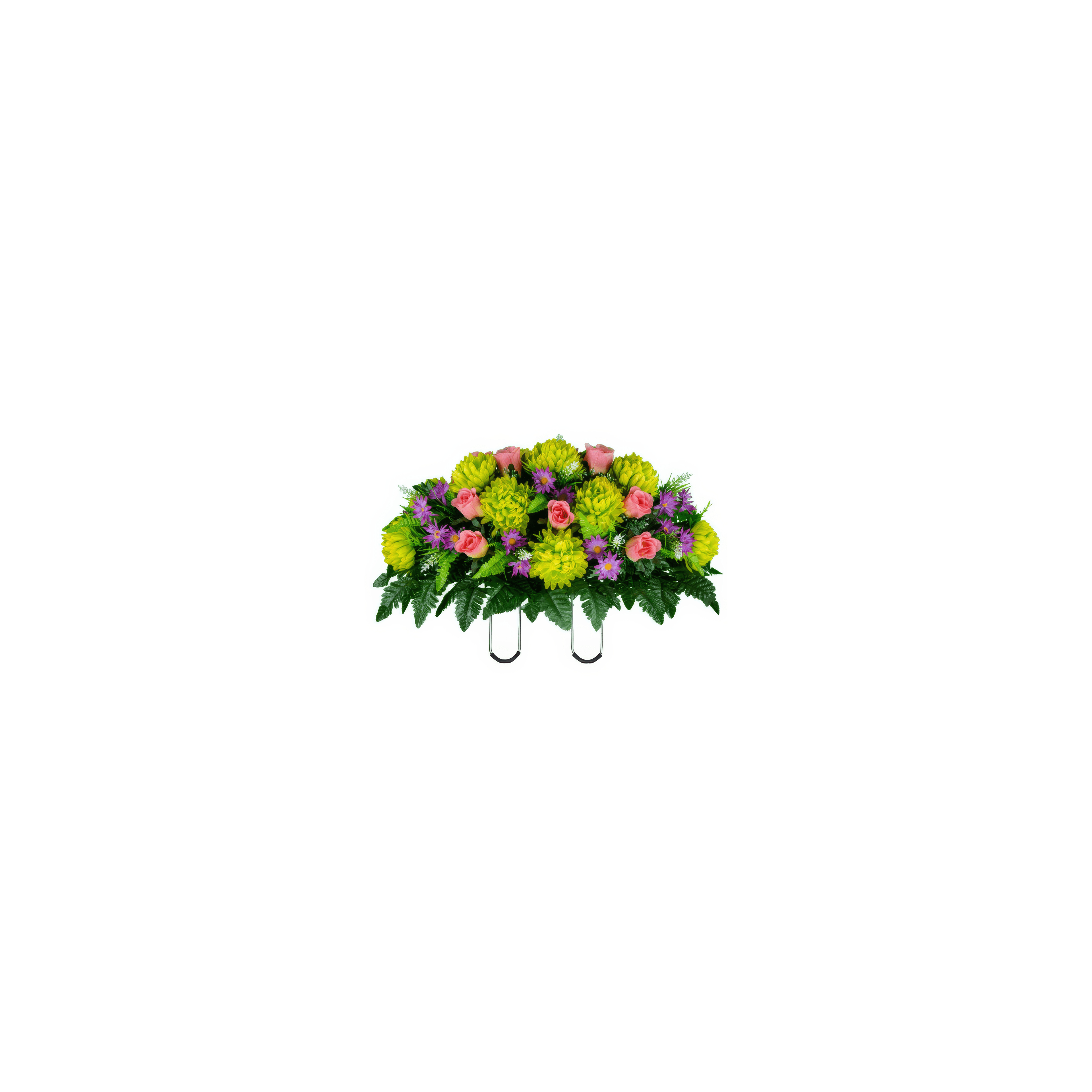 Colorful floral arrangement showcases pink roses, green and purple flowers in a beautiful display.