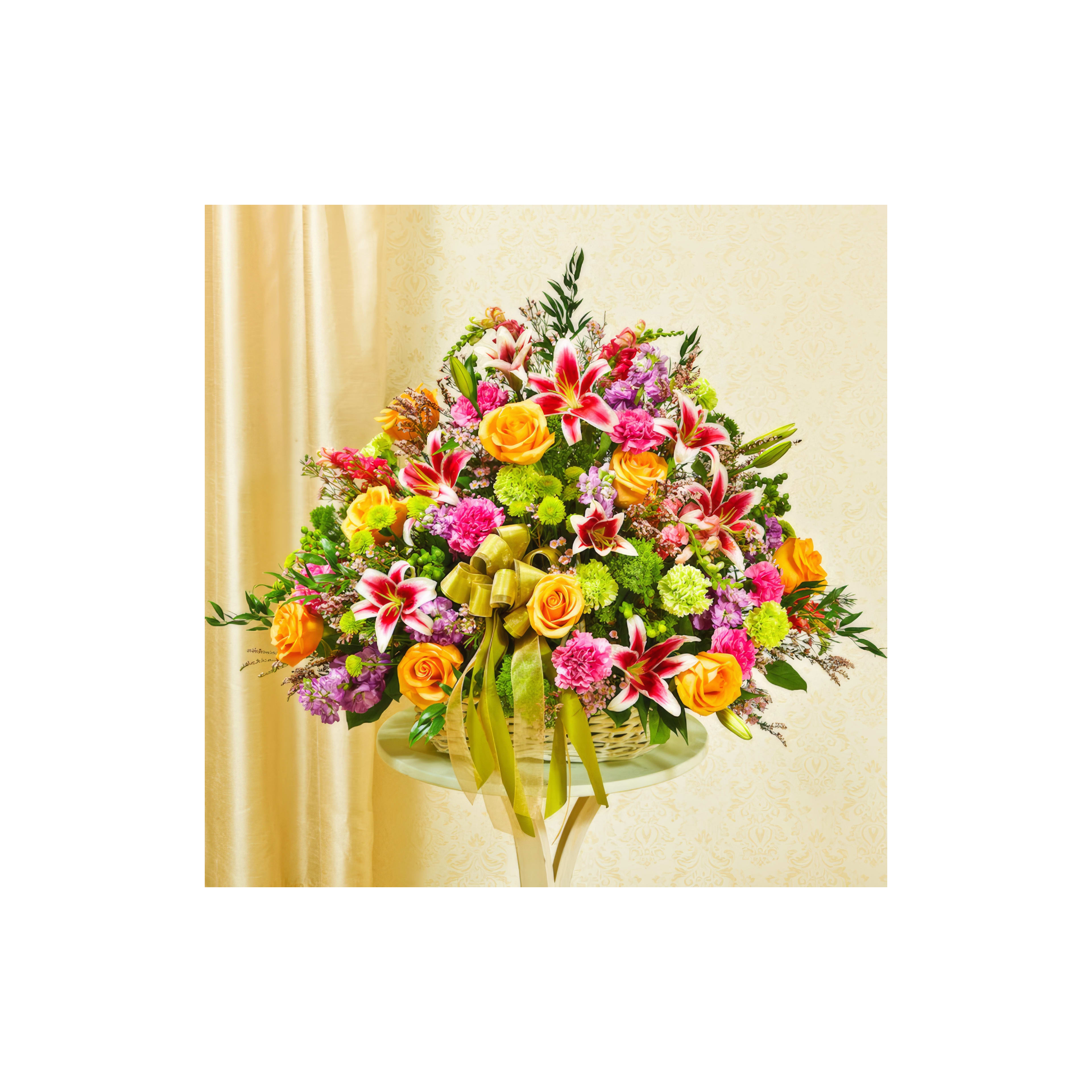 Bright bouquet showcases diverse flowers, including roses and lilies, perfect for decoration.
