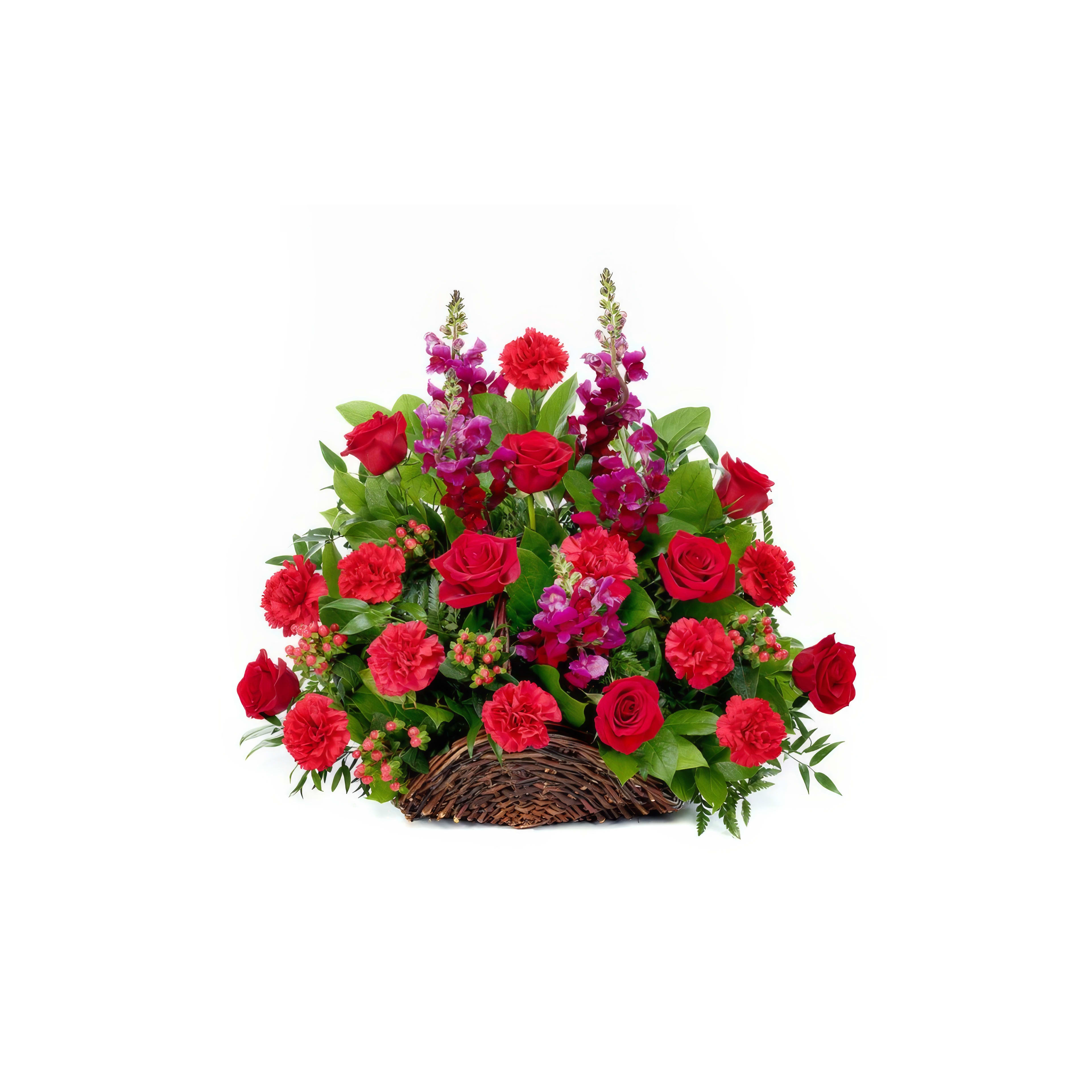 Bright red roses and purple flowers create a stunning floral arrangement suitable for celebrations.
