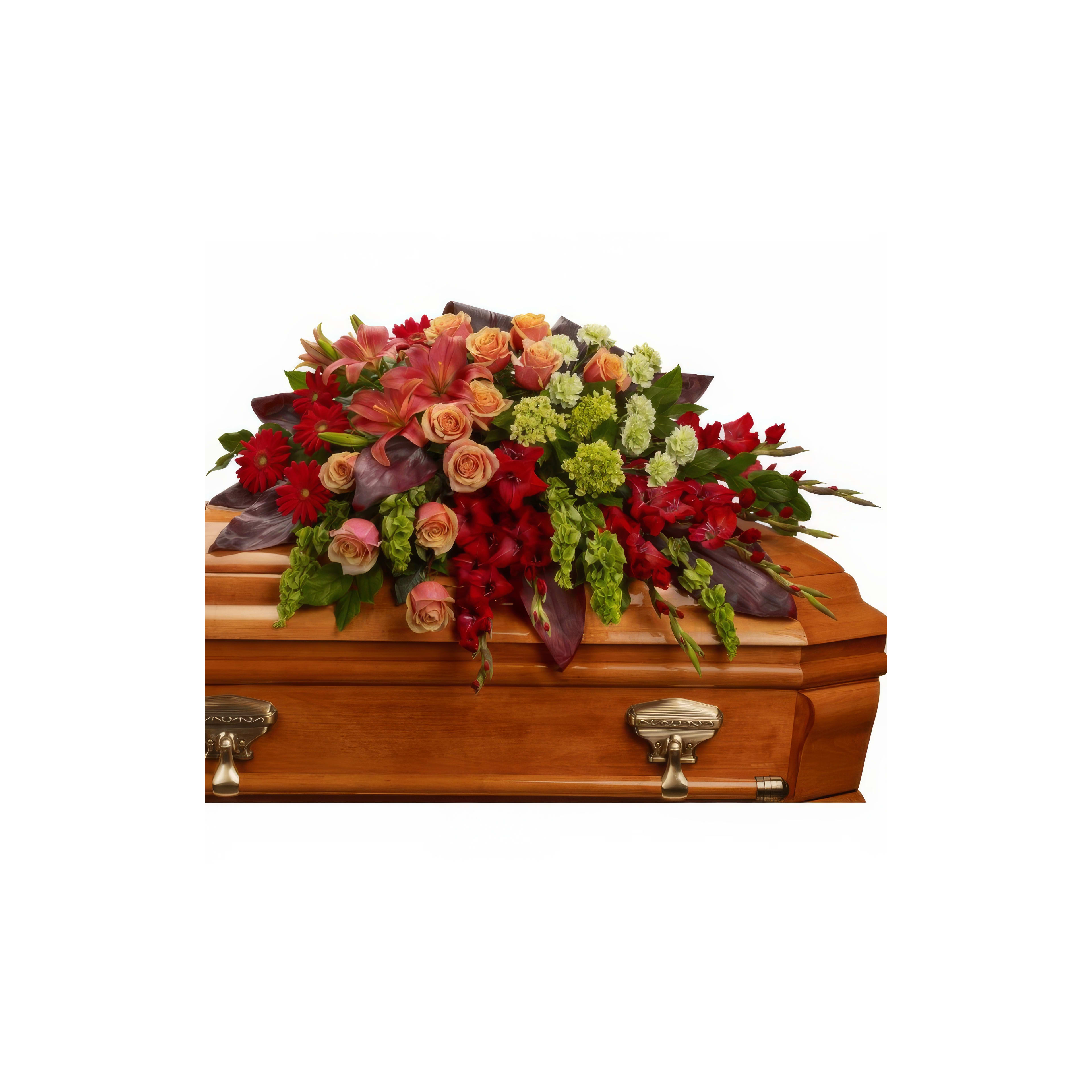 A wooden casket adorned with a vibrant floral arrangement, symbolizing love and remembrance.