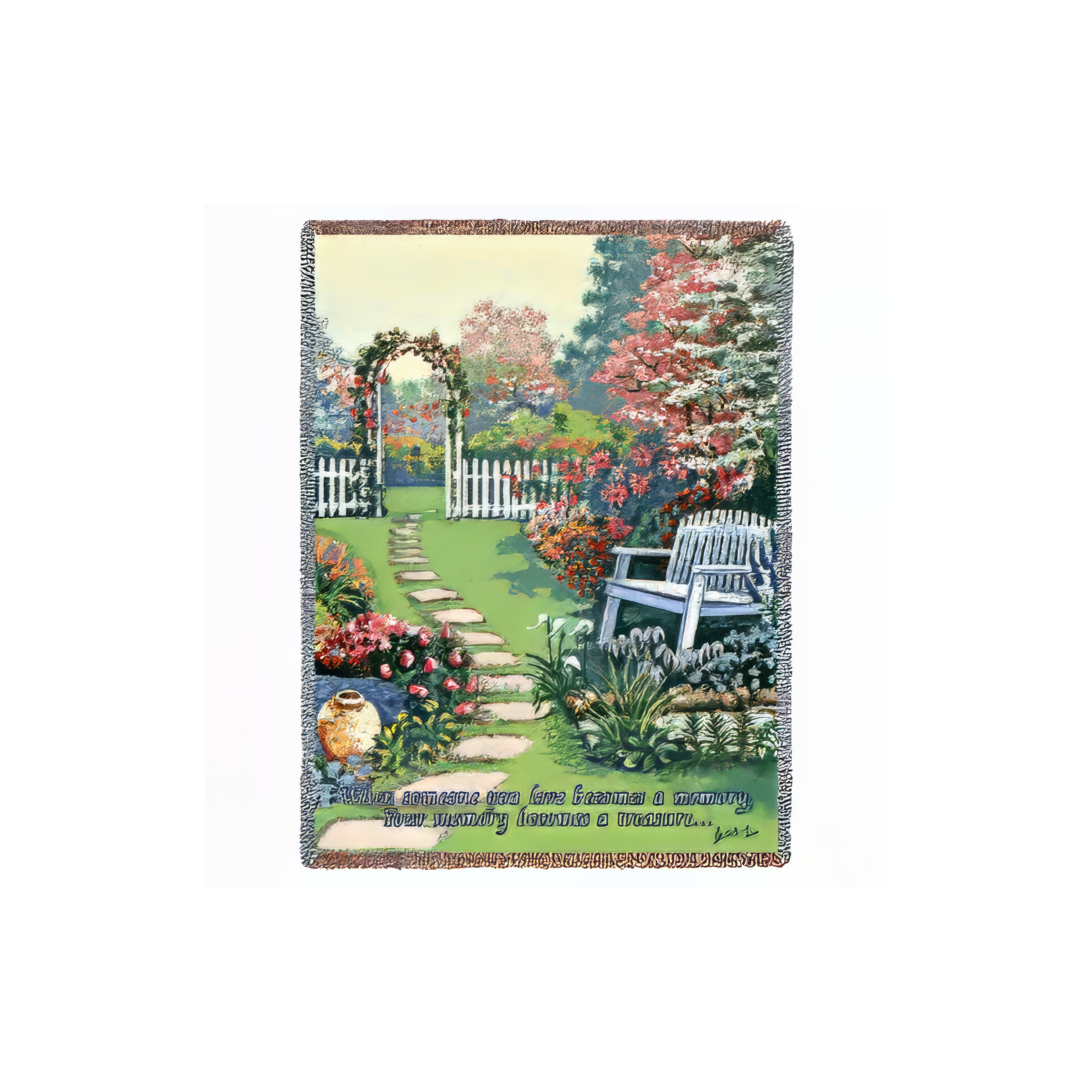 A peaceful garden features a stone path, lush greenery, colorful flowers, and a white fence.