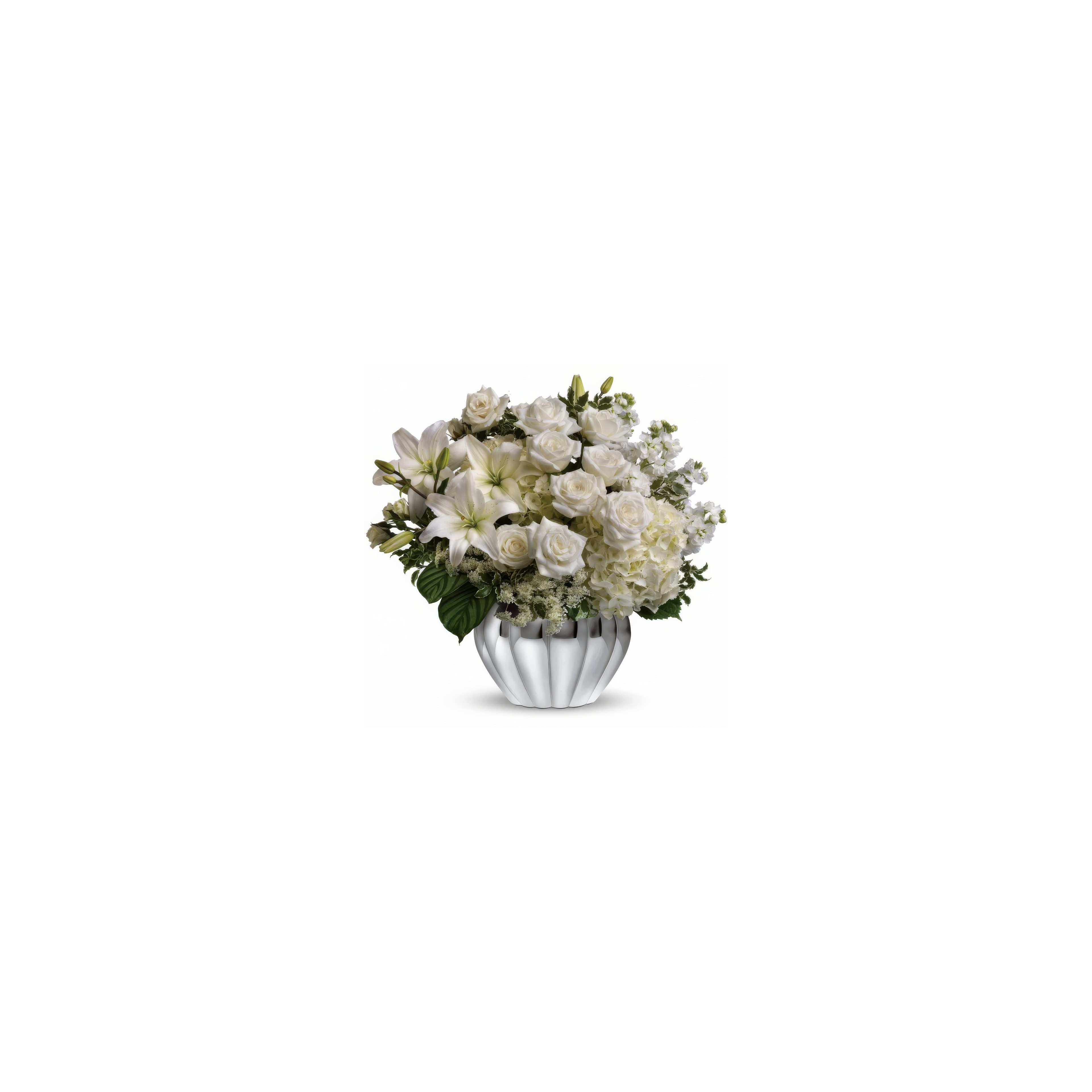 Elegant floral display featuring white roses and lilies, perfect for celebrations or home decor.