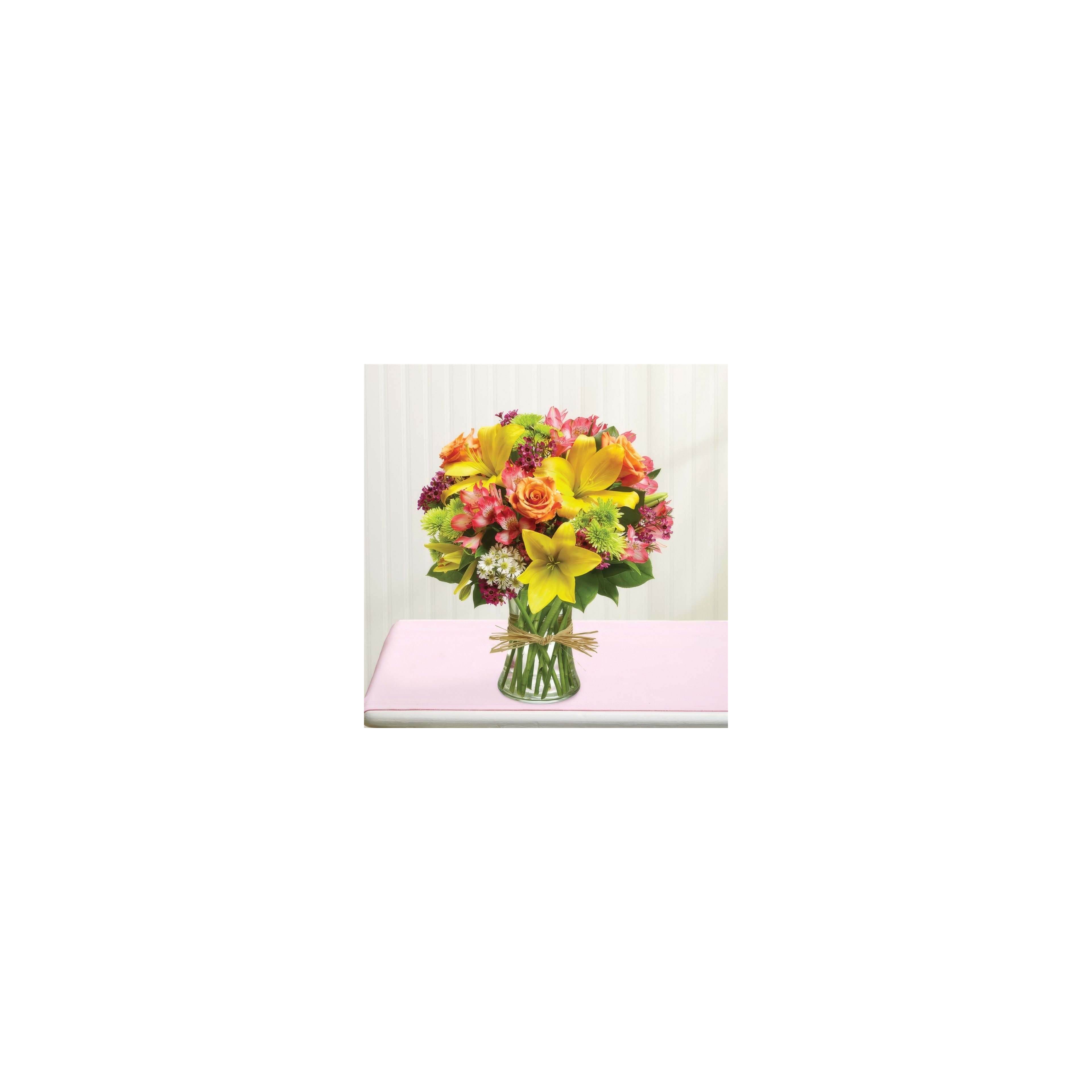 Colorful bouquet with yellow lilies, pink roses, and various flowers arranged beautifully.