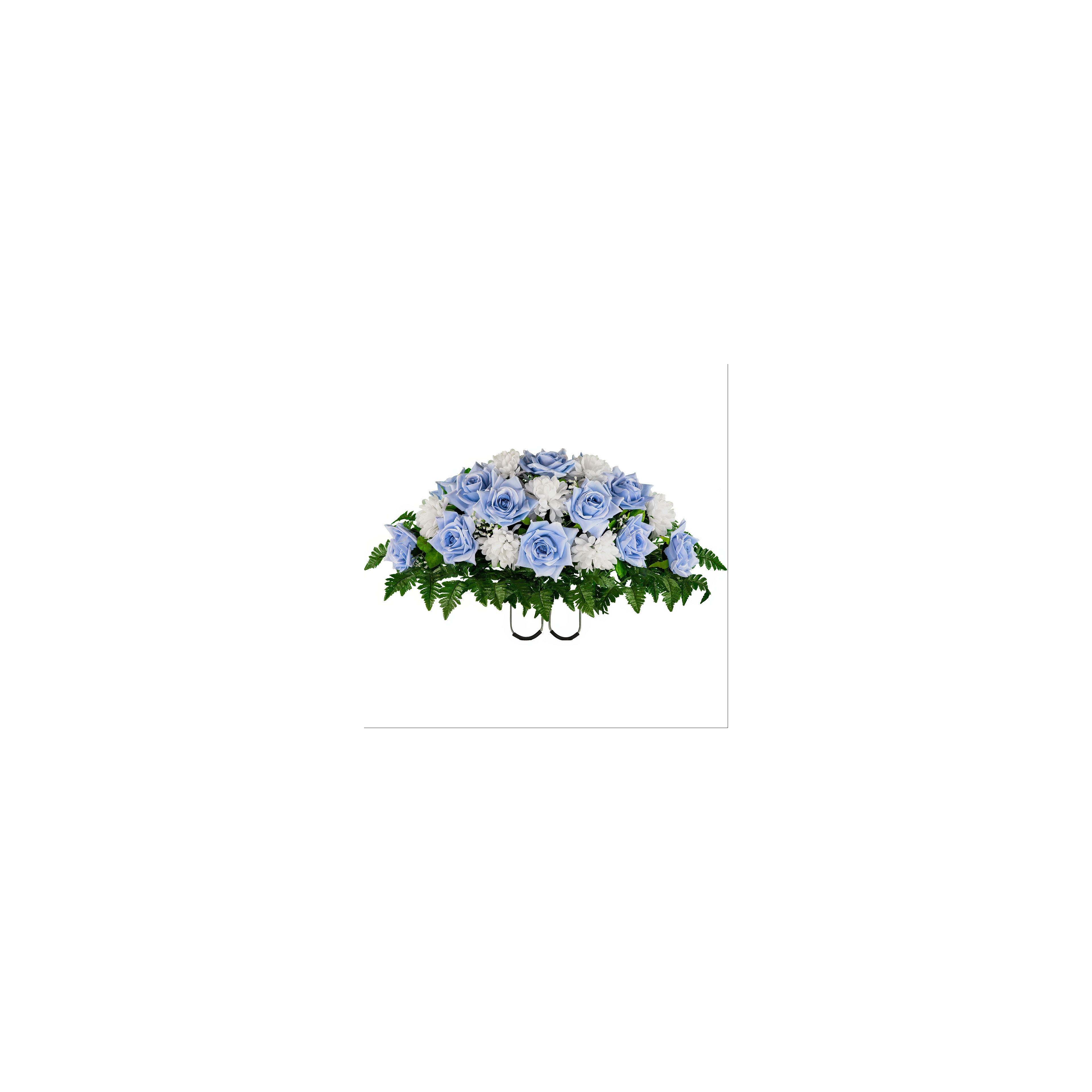 A floral arrangement featuring blue roses and white blooms surrounded by green leaves.