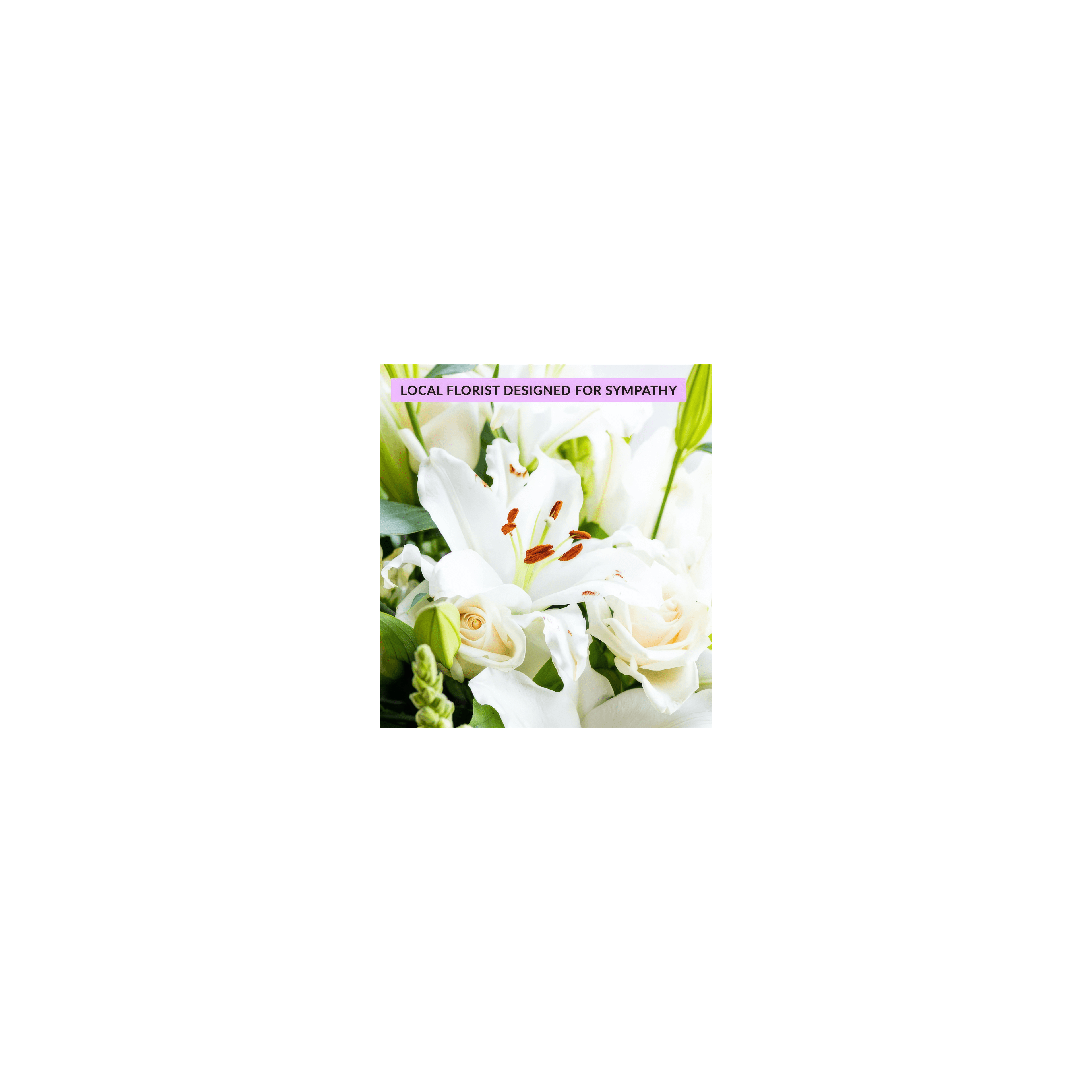 Elegant floral design showcases white lilies and roses, perfect for expressing sympathy and support.