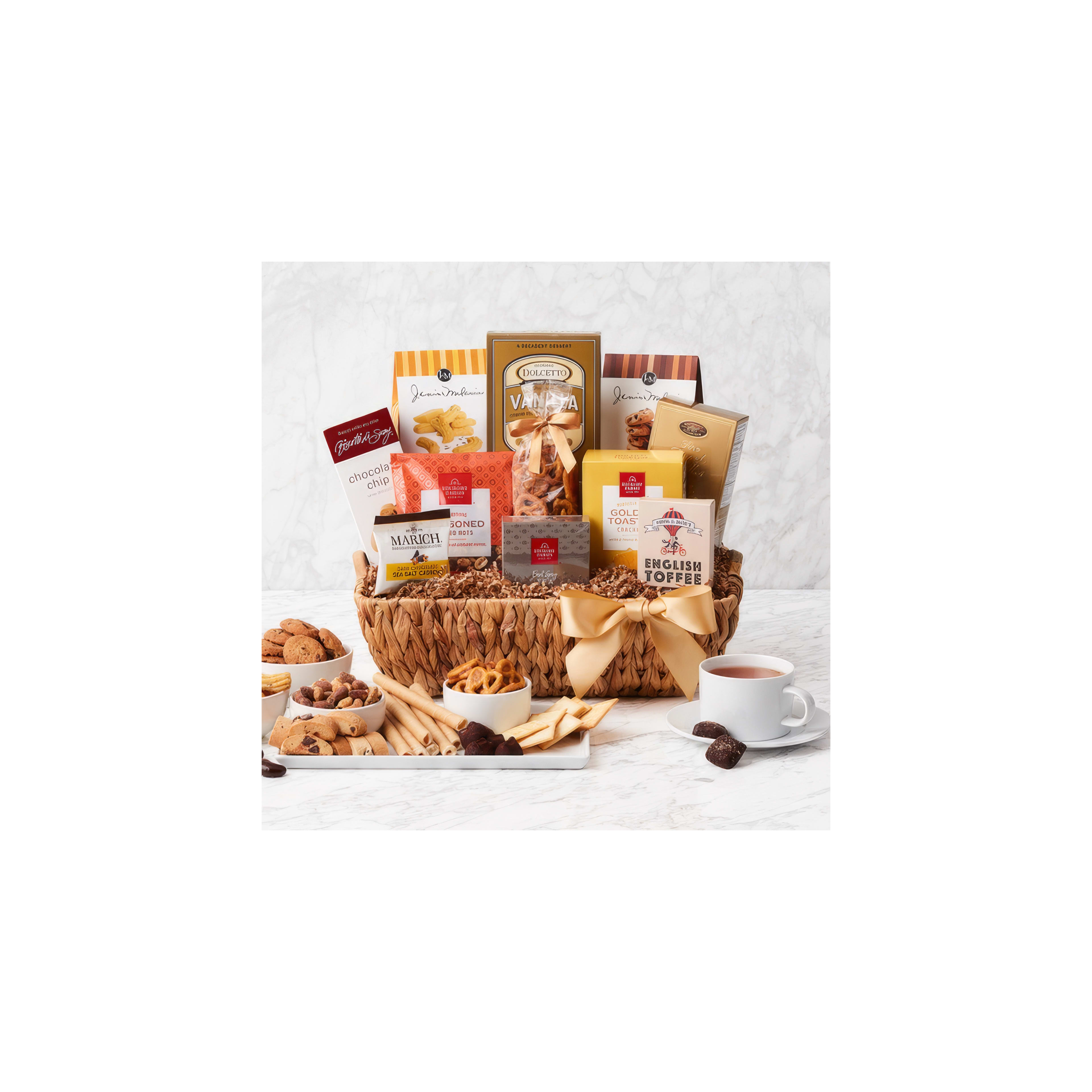 A beautifully arranged gift basket is filled with a variety of sweet and savory snacks.