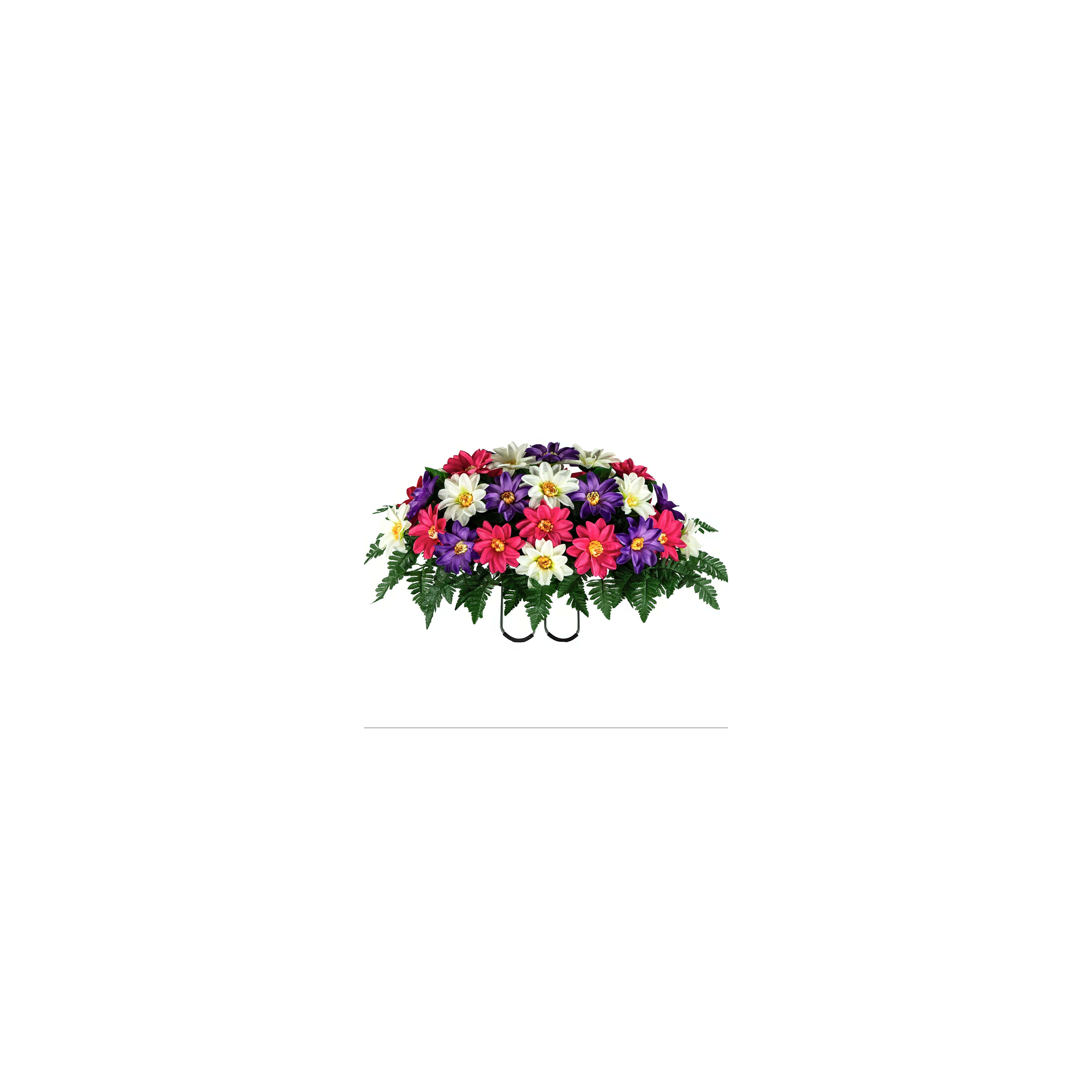 Vibrant arrangement of artificial flowers in various colors resting on a sturdy stand.