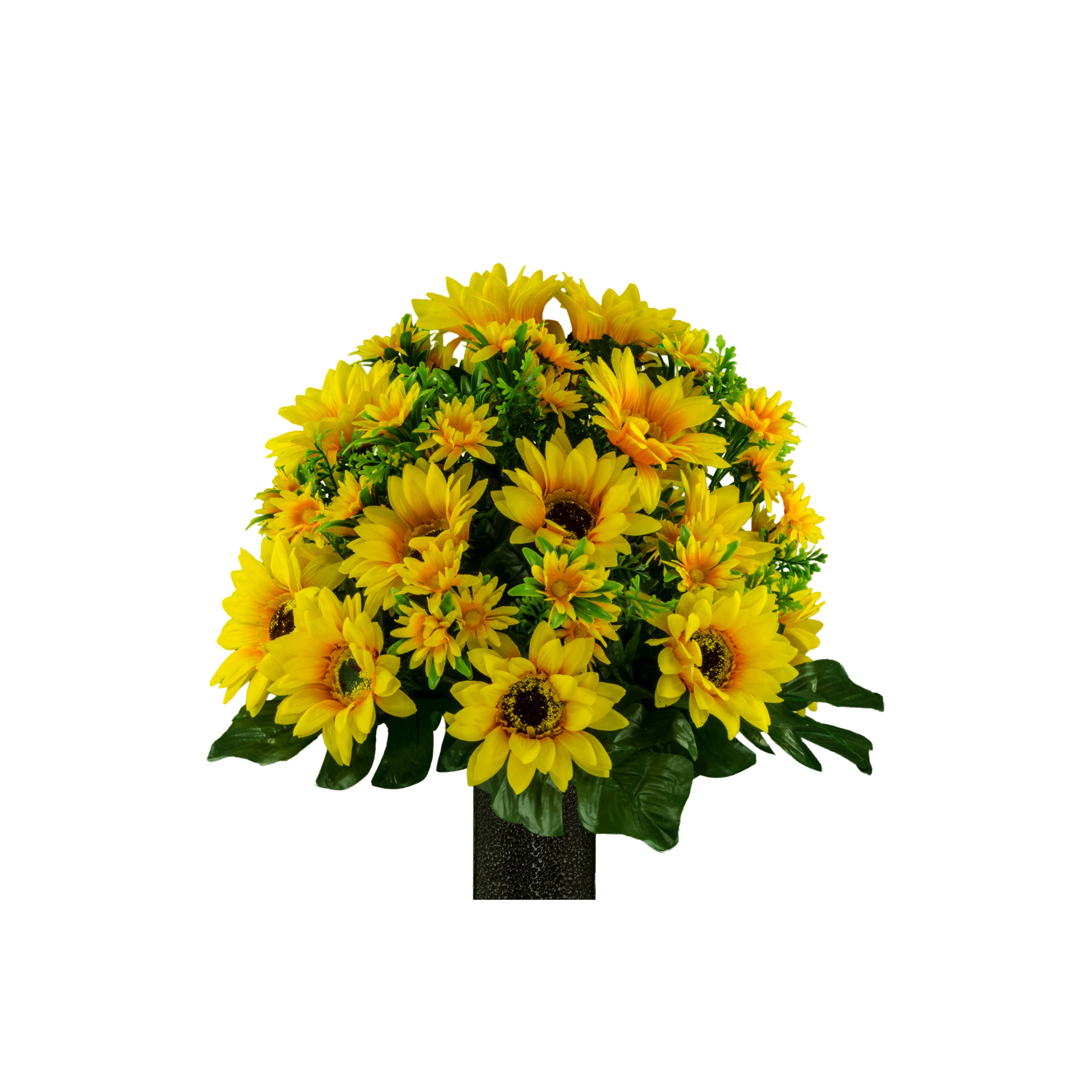 Bright yellow sunflowers and daisies arranged beautifully, perfect for a joyful decoration setting.