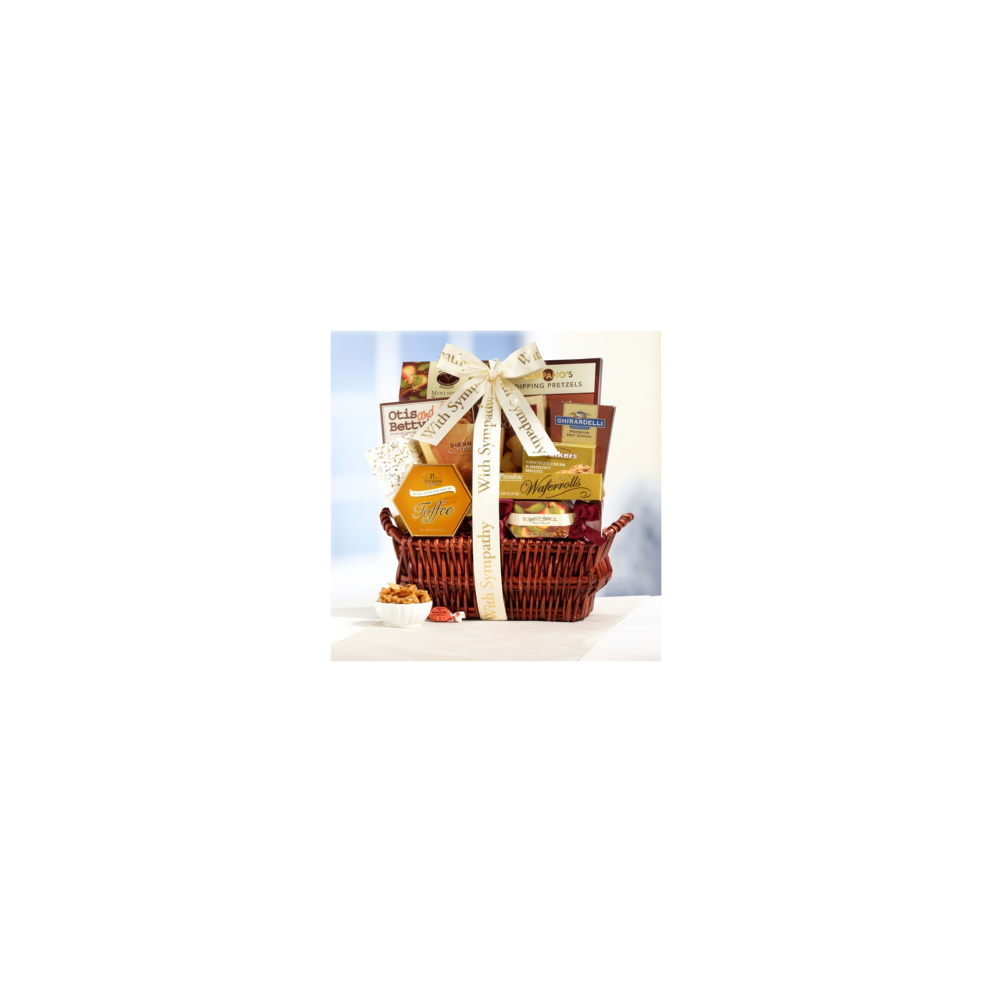 This gift basket features a variety of sweet and savory snacks, ideal for expressing sympathy.