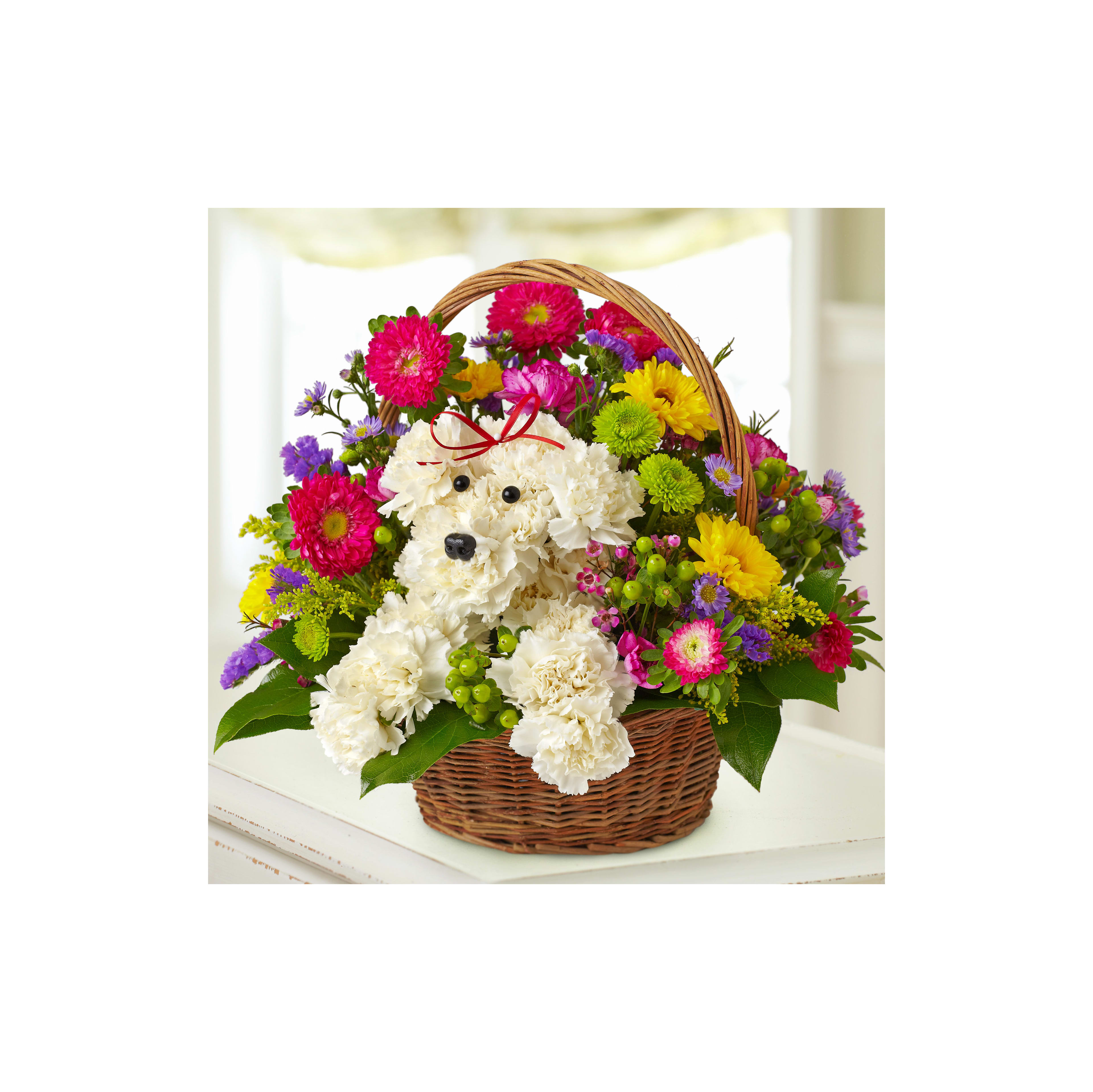 Colorful flowers arranged like a poodle in a basket brighten any space.