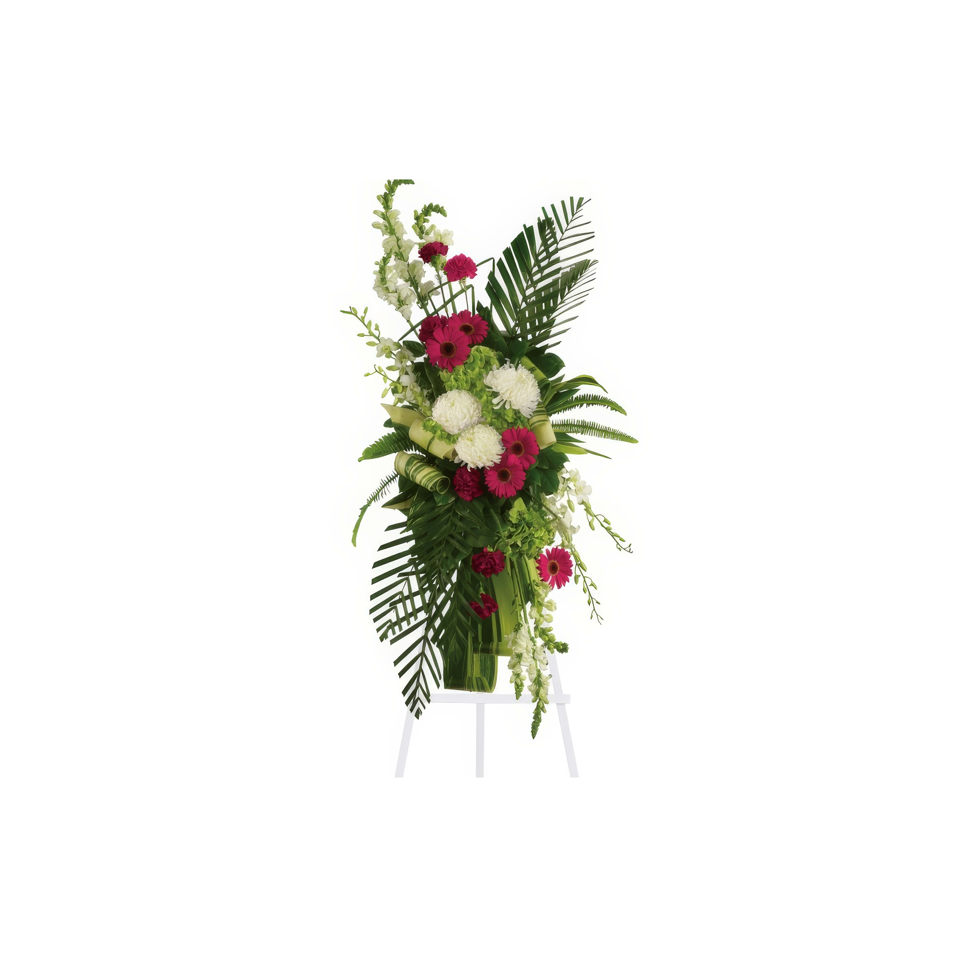 A beautiful display of flowers in various colors is set up on a stand for a special occasion.