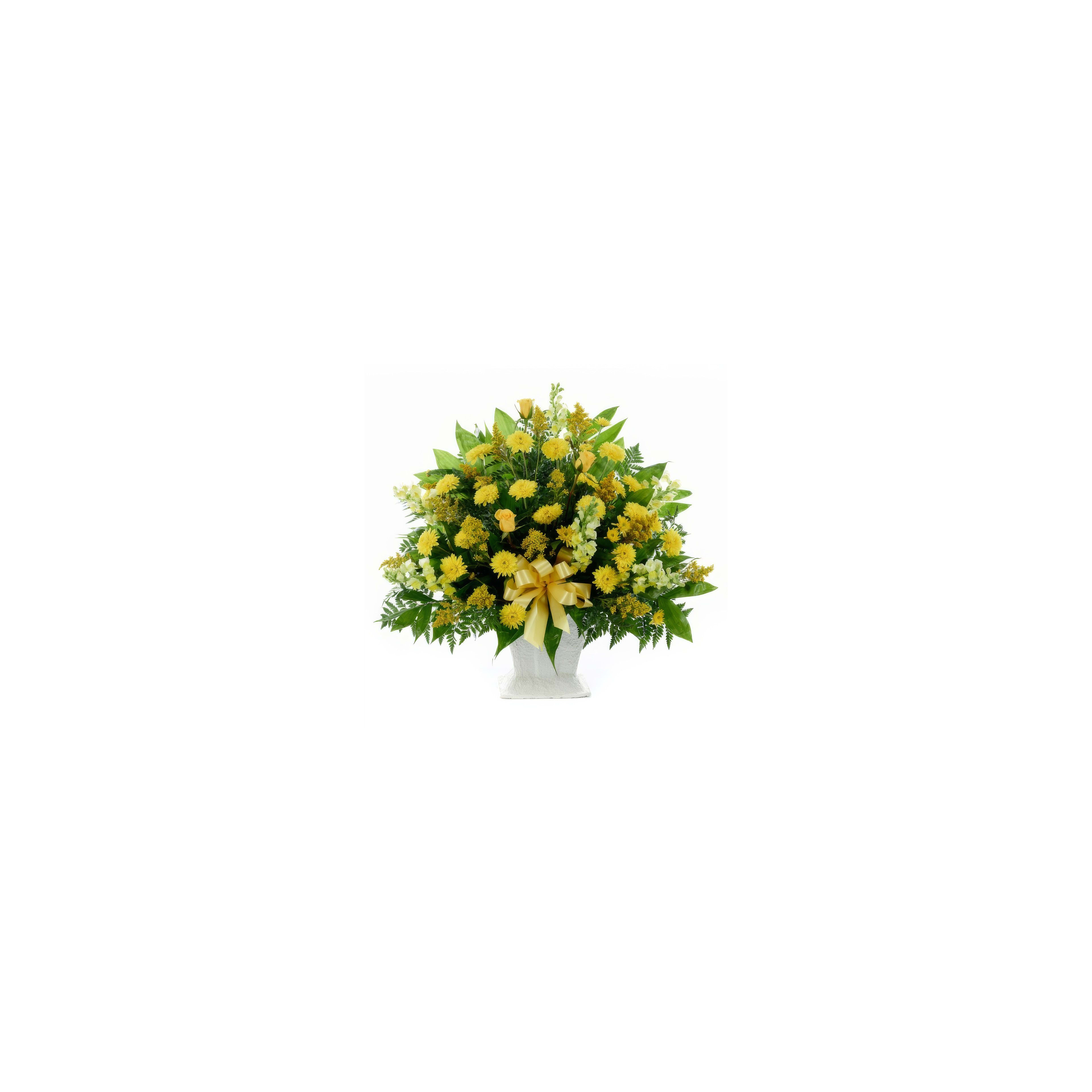 A beautiful flower arrangement features yellow blooms and green foliage, perfect for celebrations.