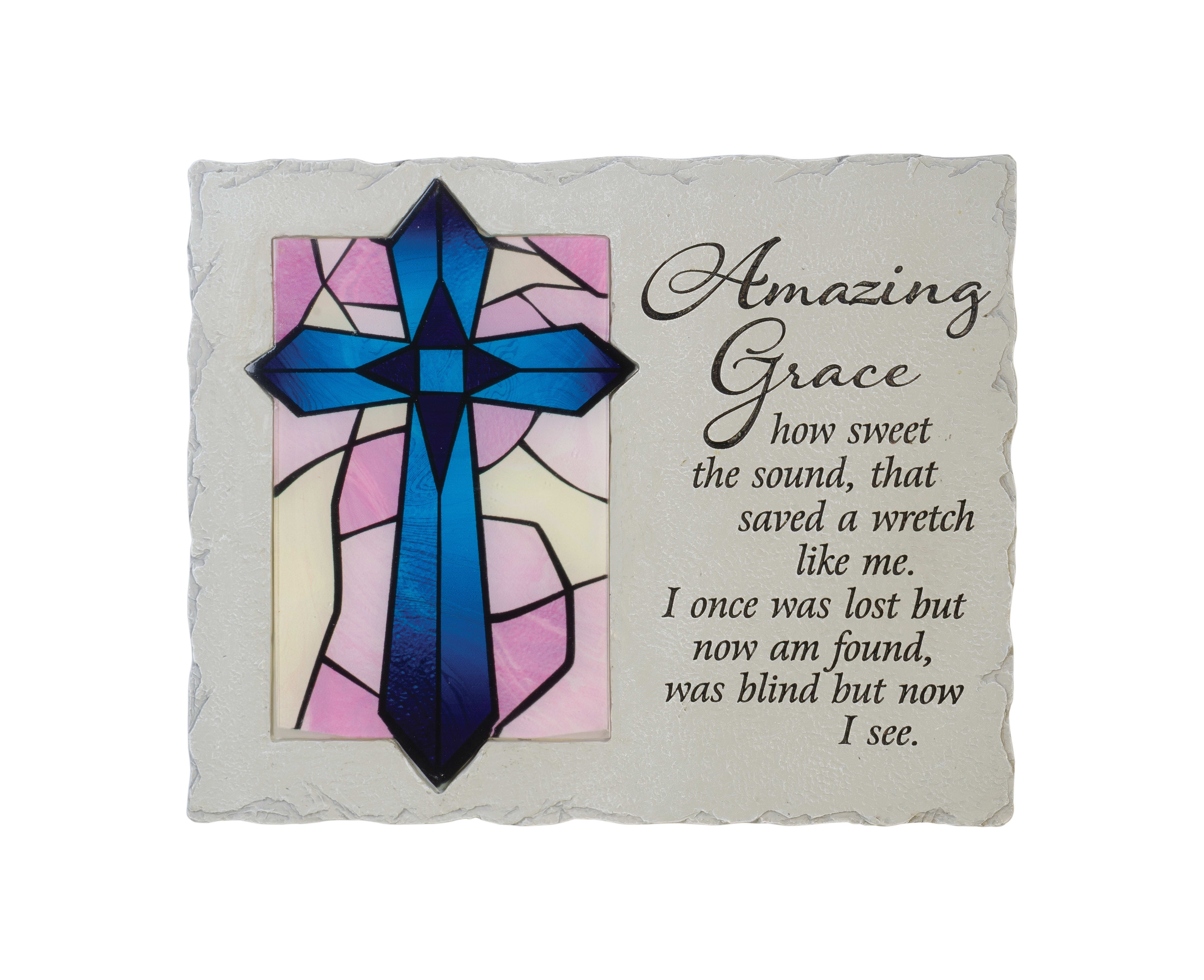 A stained glass design showcases a blue cross with the lyrics of Amazing Grace beautifully printed.