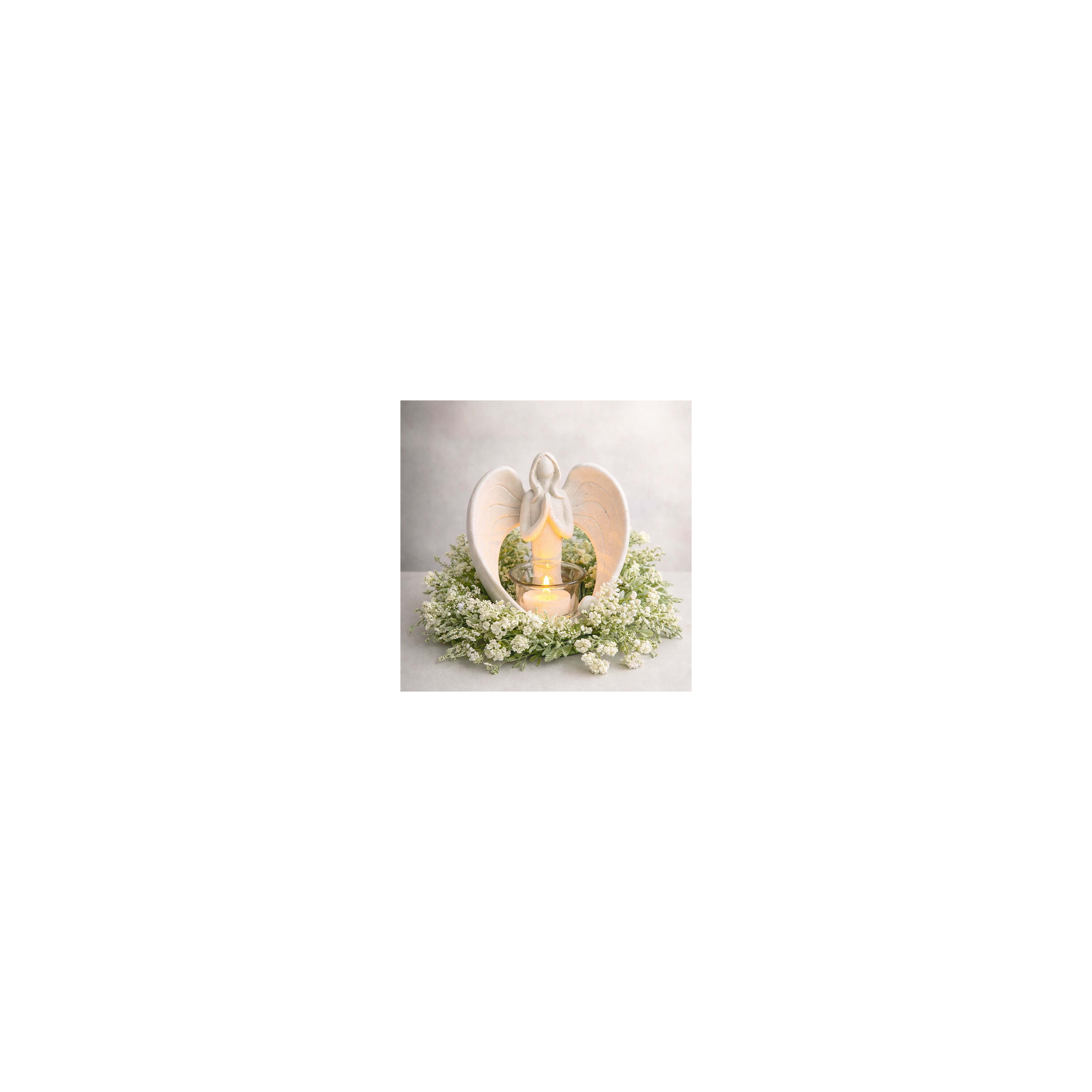 A white angel statue with wings and a candle in a wreath of flowers