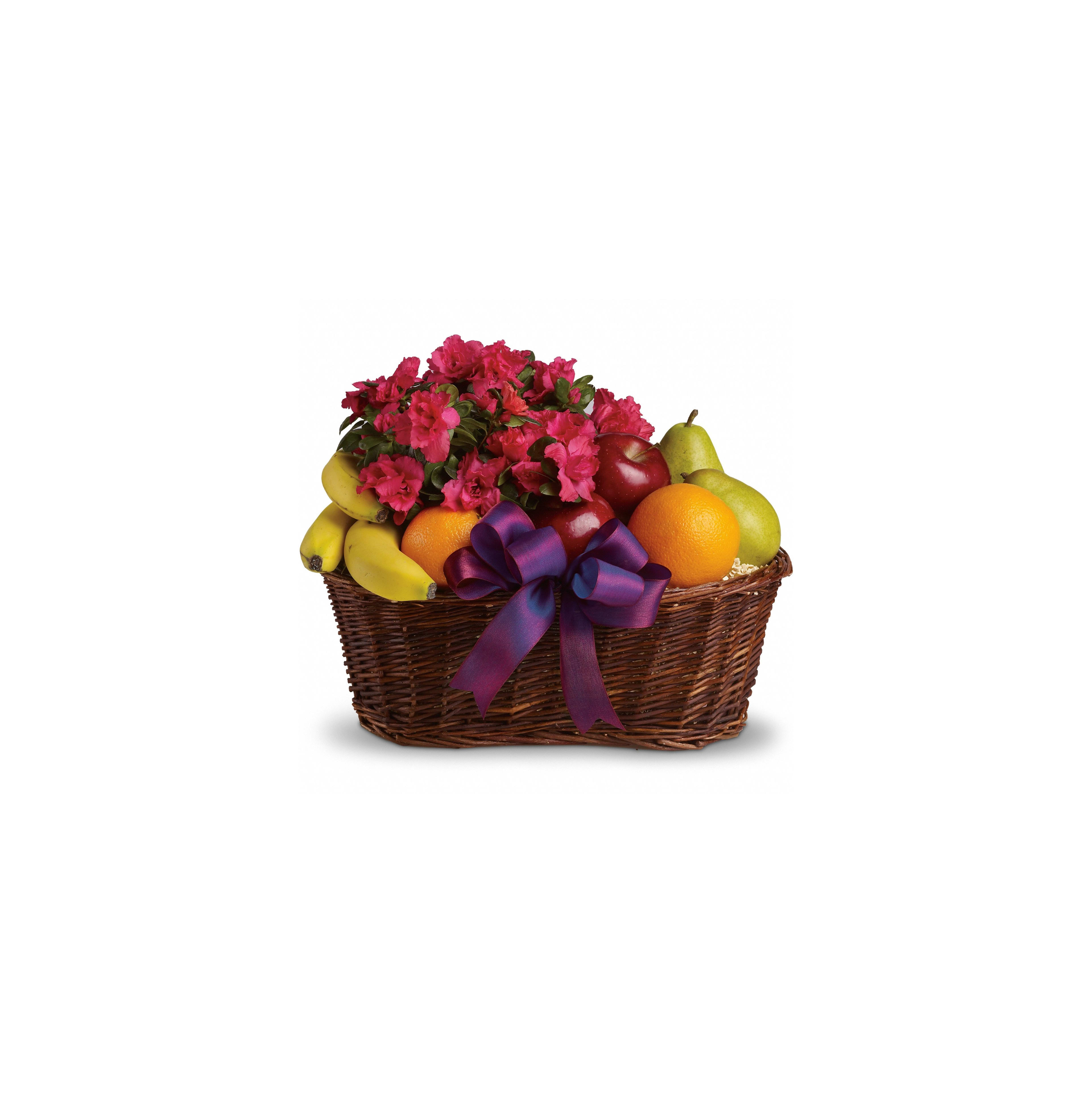 A decorative basket filled with fresh fruits and vibrant flowers is ideal for gifts.